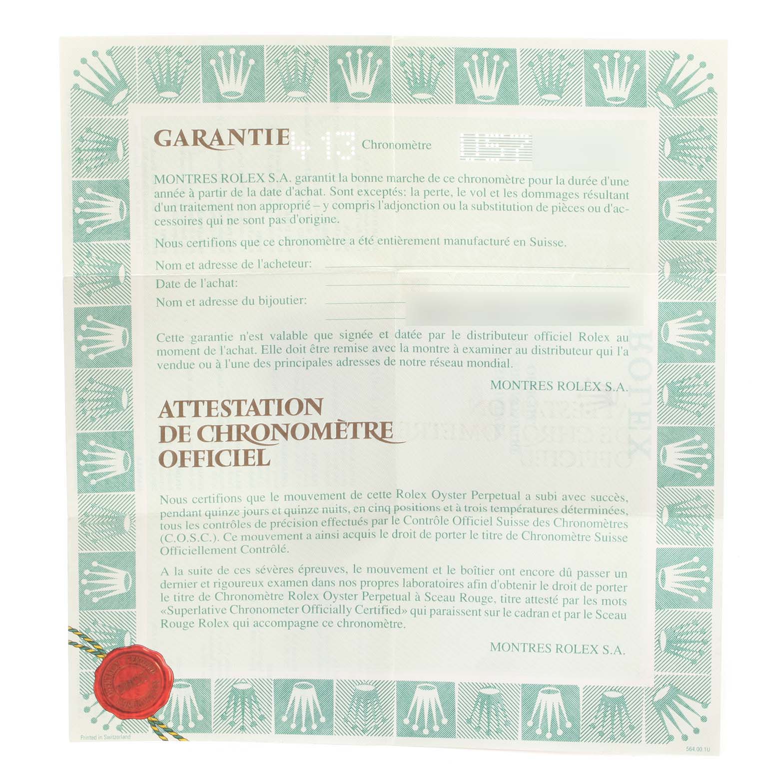 This is the warranty and official chronometer certification paper for the Rolex Datejust 16233 Men's Steel and Gold (two tone) Champagne Dial 16233 Men's Steel and Gold (two tone) Champagne Dial.