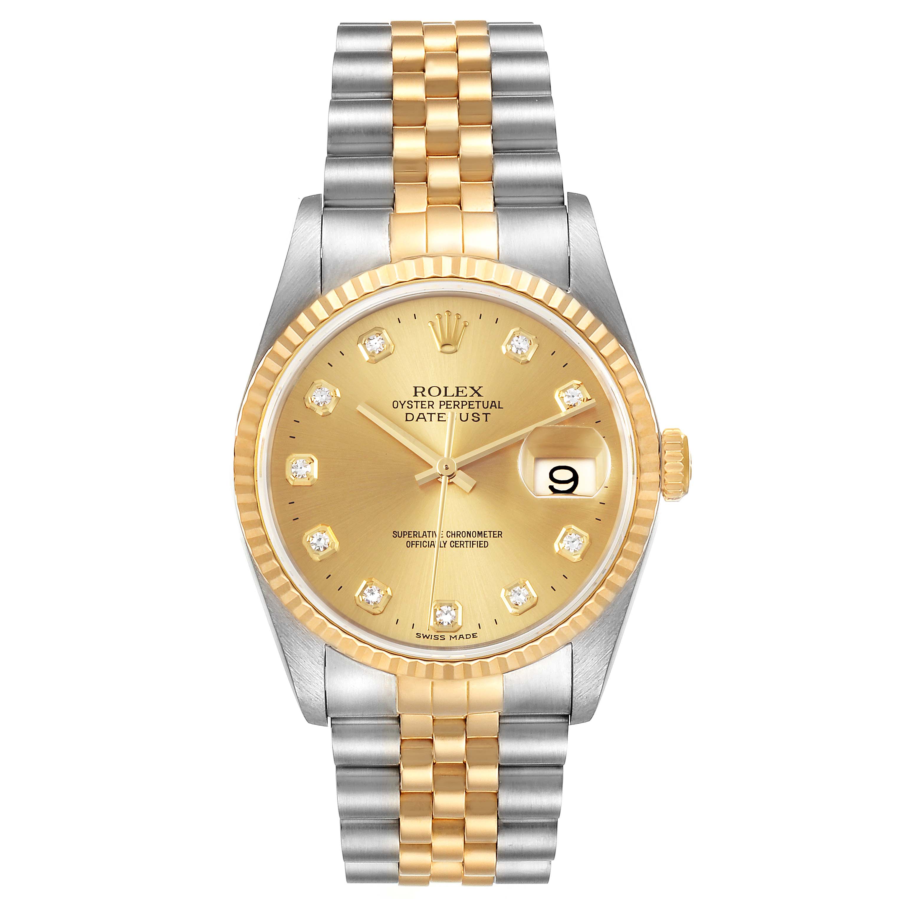 The image shows a Rolex Datejust 16233 Men's Steel and Gold (two tone) Champagne Dial 16233 Men's Steel and Gold (two tone) Champagne Dial watch from a front angle, highlighting its gold dial, two-tone bracelet, and date window.