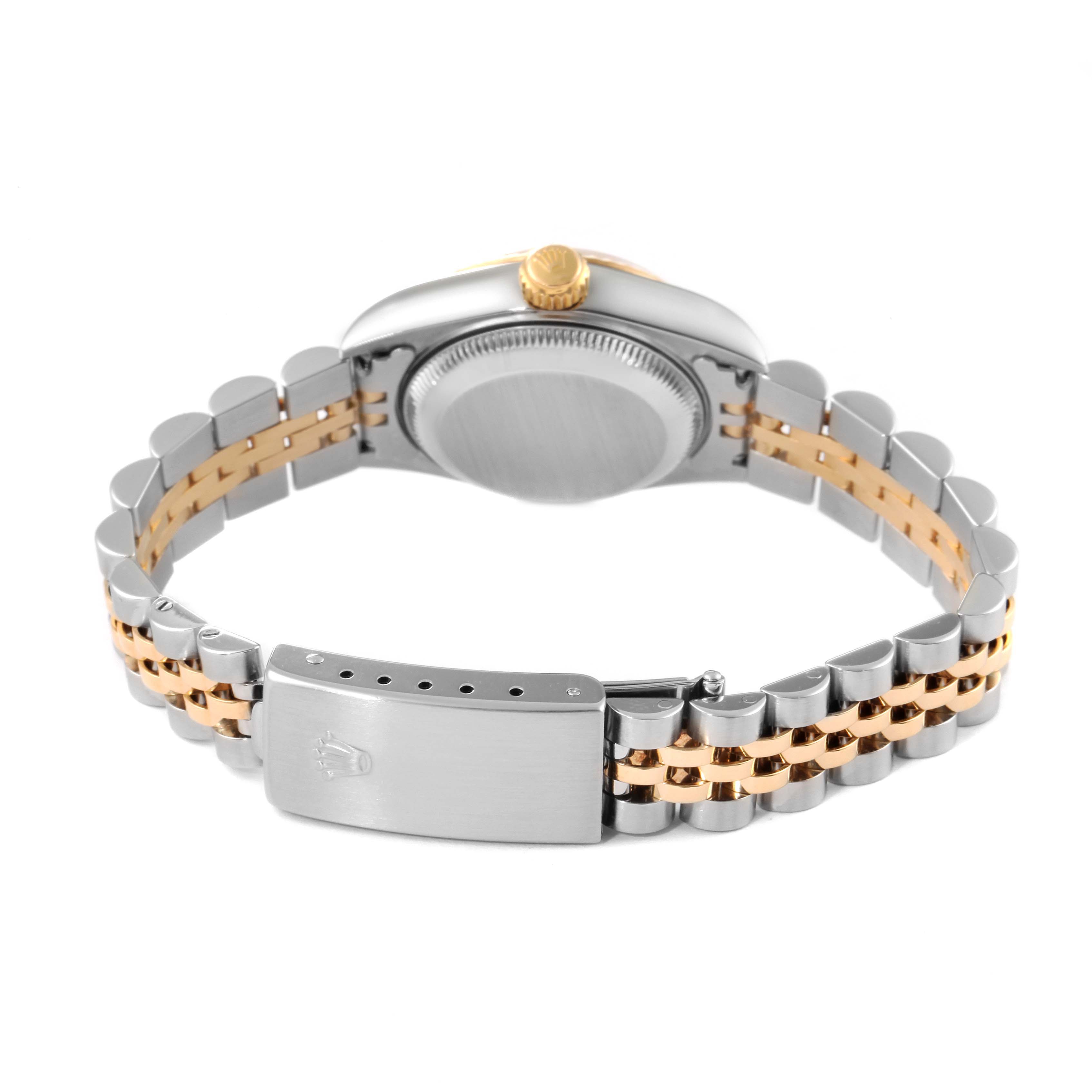 This image shows the back view of a Rolex Datejust 79173 Women
s Steel and Gold (two tone) Silver Dial 79173 Women
s Steel and Gold (two tone) Silver Dial watch, highlighting the clasp, bracelet, and case back.