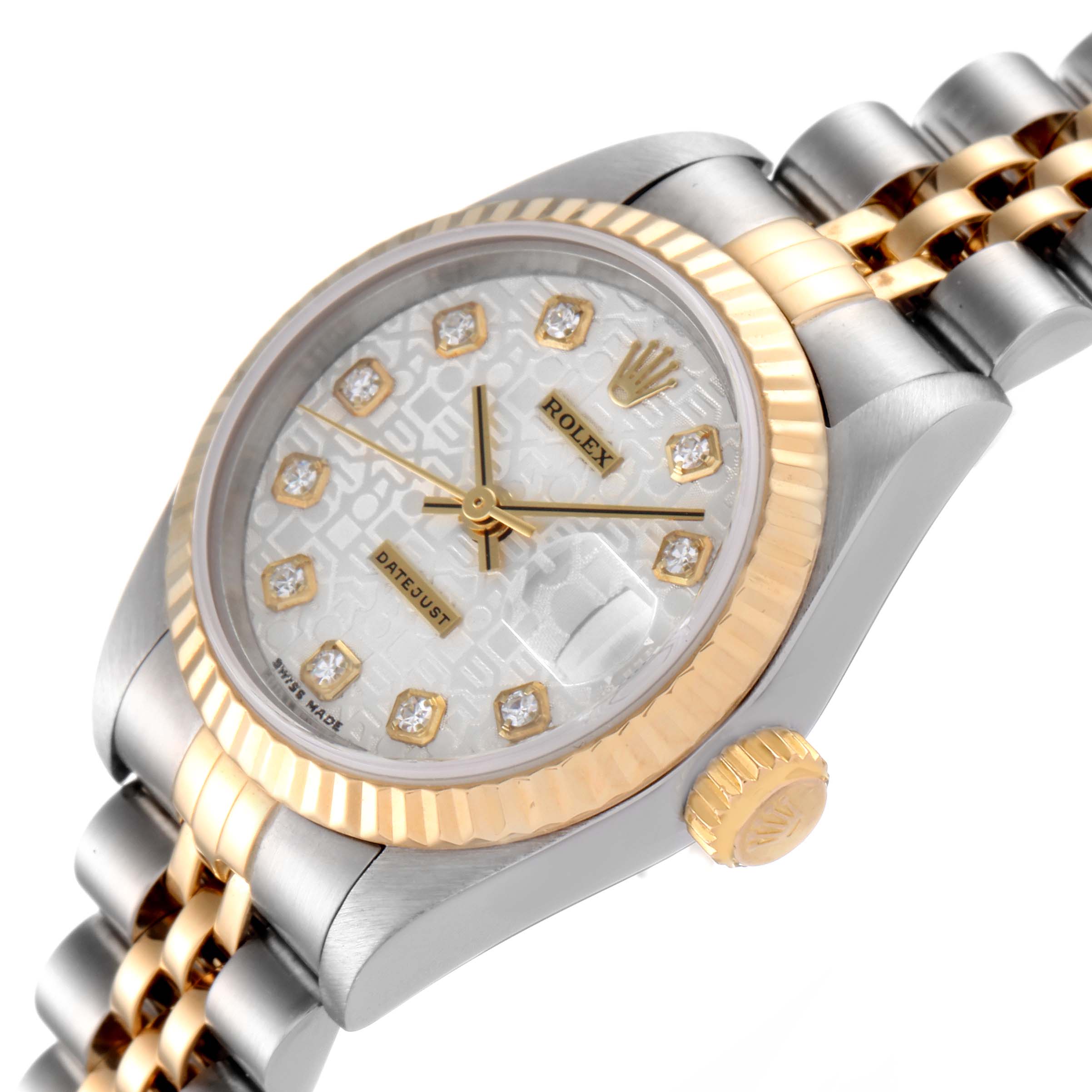 This image shows a close-up angle of a Rolex Datejust 79173 Women
s Steel and Gold (two tone) Silver Dial 79173 Women
s Steel and Gold (two tone) Silver Dial, highlighting the dial, fluted bezel, crown, and part of the bracelet.