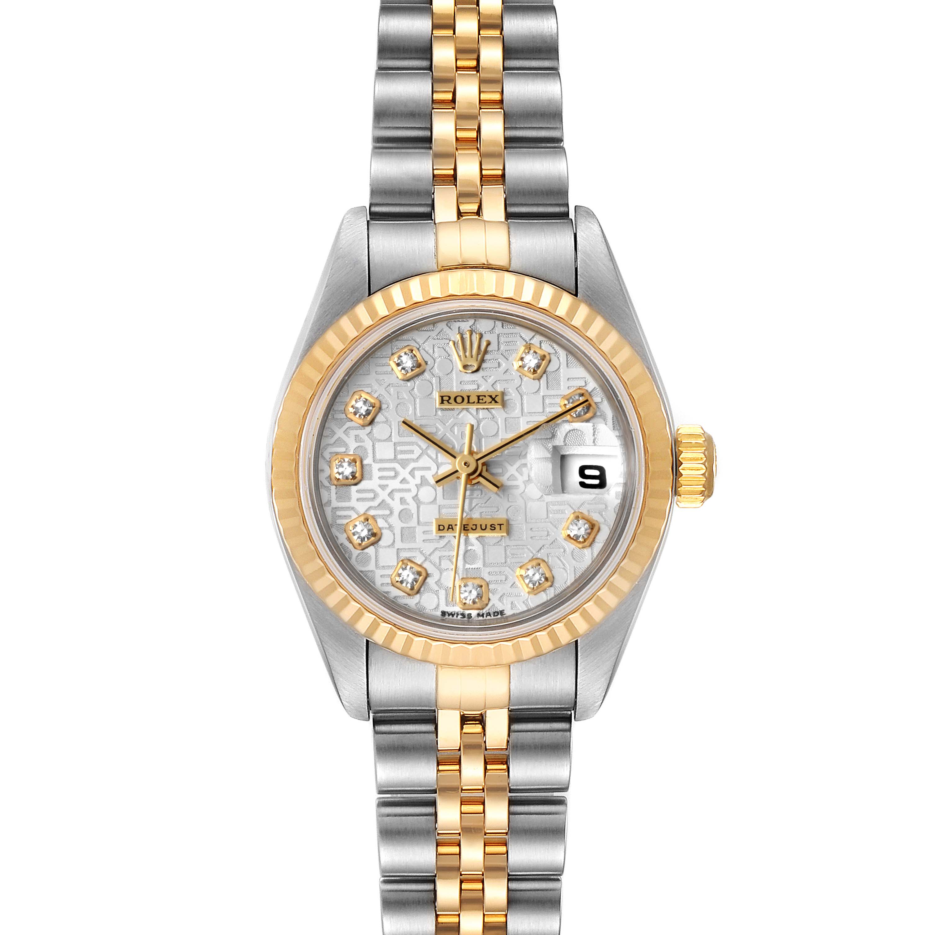 This Rolex Datejust 79173 Women
s Steel and Gold (two tone) Silver Dial 79173 Women
s Steel and Gold (two tone) Silver Dial model is shown from a front angle, displaying the dial, bezel, and bracelet.