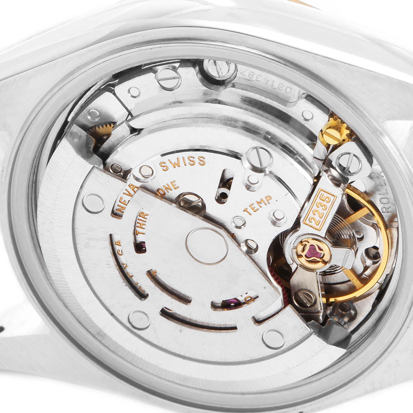 This image shows the internal movement mechanism of a Rolex Datejust 79173 Women
s Steel and Gold (two tone) Silver Dial 79173 Women
s Steel and Gold (two tone) Silver Dial watch from the back.