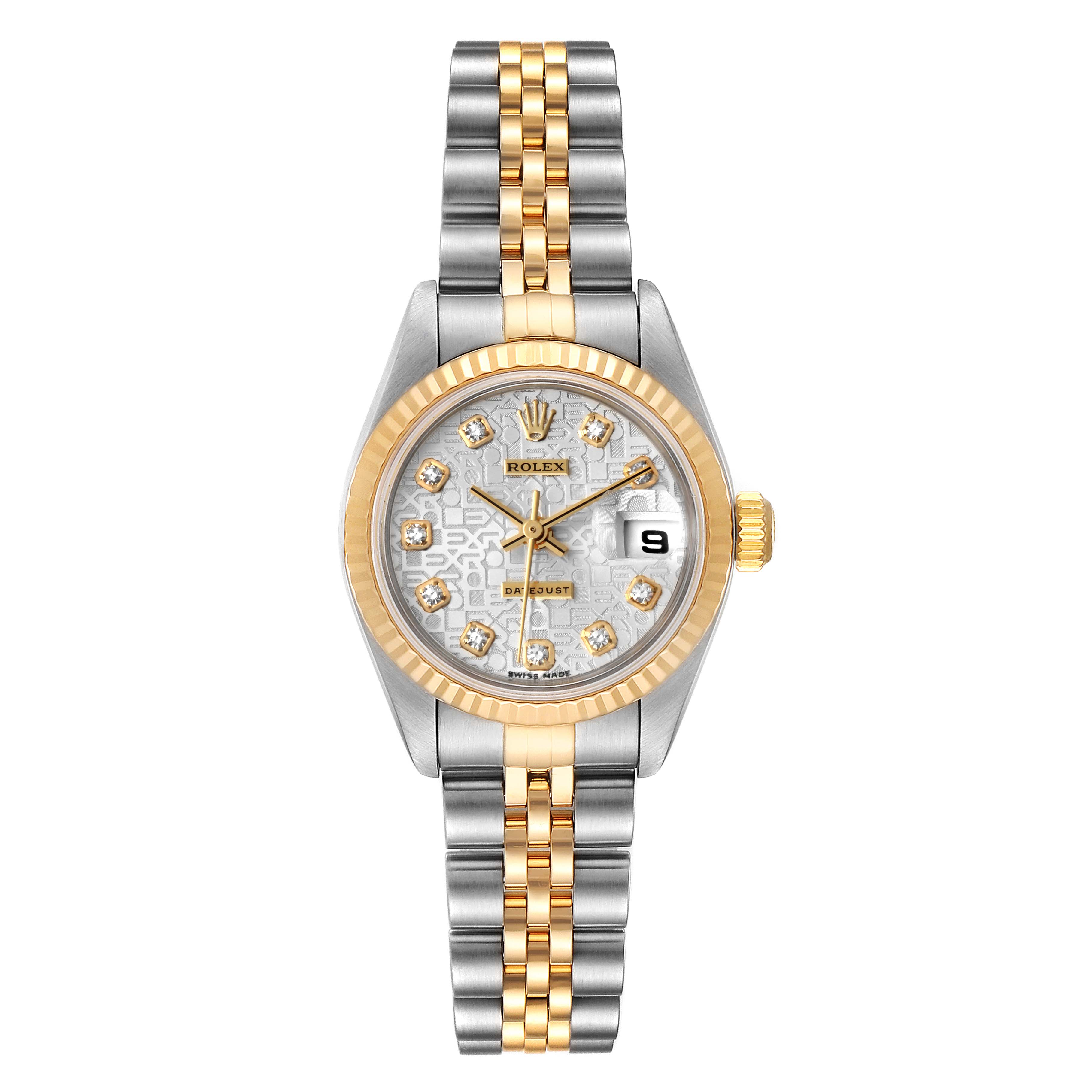 The image shows a frontal view of a Rolex Datejust 79173 Women
s Steel and Gold (two tone) Silver Dial 79173 Women
s Steel and Gold (two tone) Silver Dial watch, revealing its two-tone bracelet, bezel, and dial with diamond hour markers.