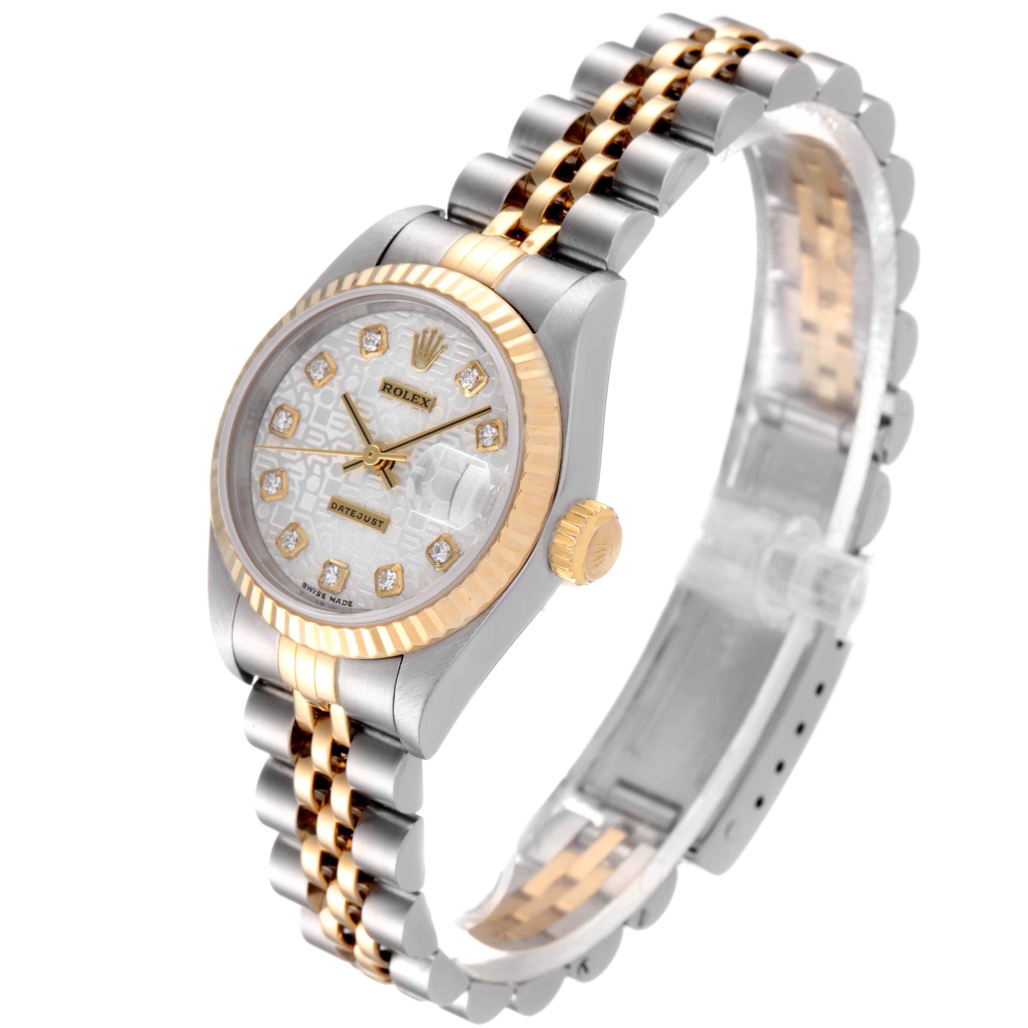 The Rolex Datejust 79173 Women
s Steel and Gold (two tone) Silver Dial 79173 Women
s Steel and Gold (two tone) Silver Dial is shown at a three-quarter angle, displaying the dial, bezel, crown, bracelet, and clasp.