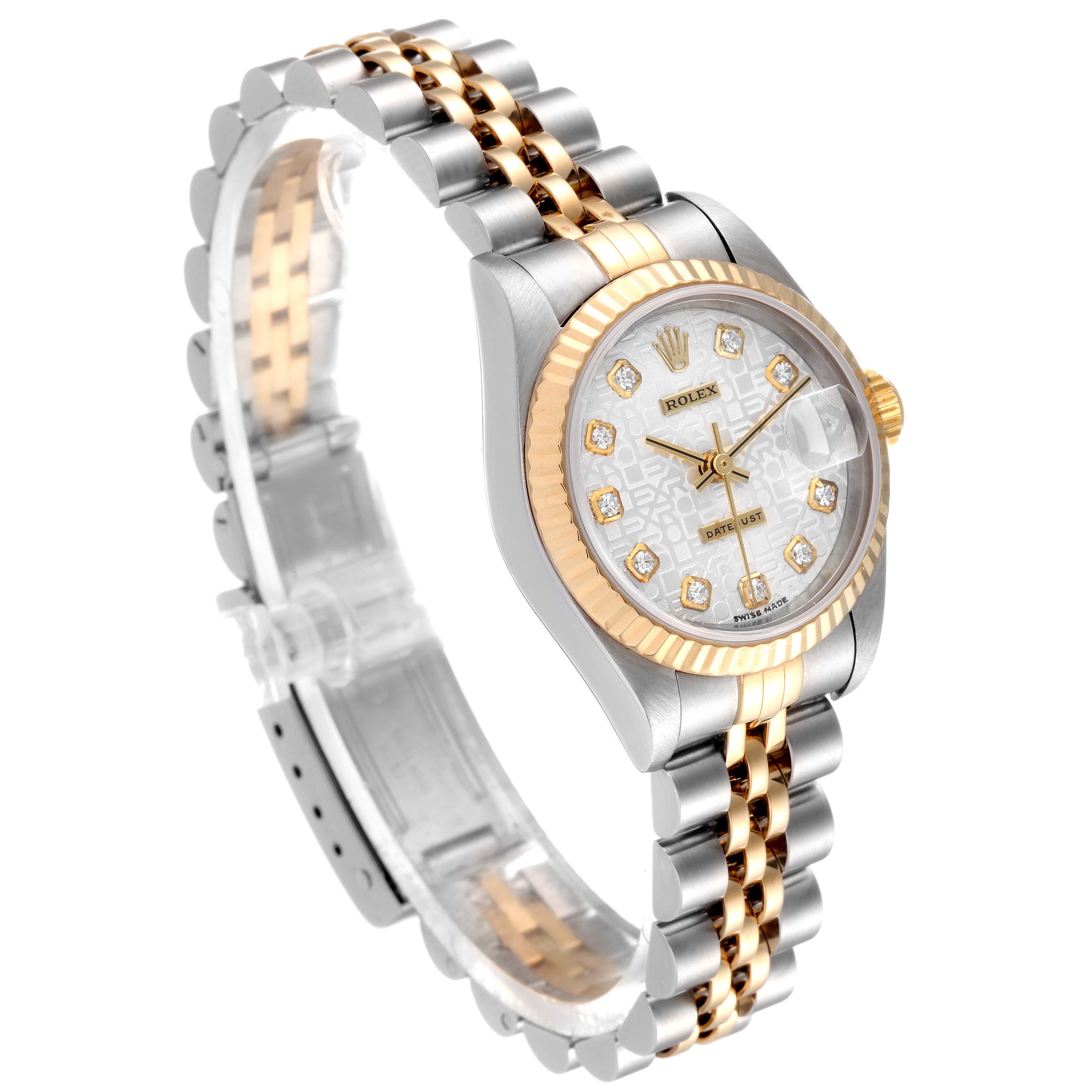 The Rolex Datejust 79173 Women
s Steel and Gold (two tone) Silver Dial 79173 Women
s Steel and Gold (two tone) Silver Dial watch is shown from a front angle, highlighting its two-tone bracelet, patterned dial with diamond hour markers, and fluted bezel.