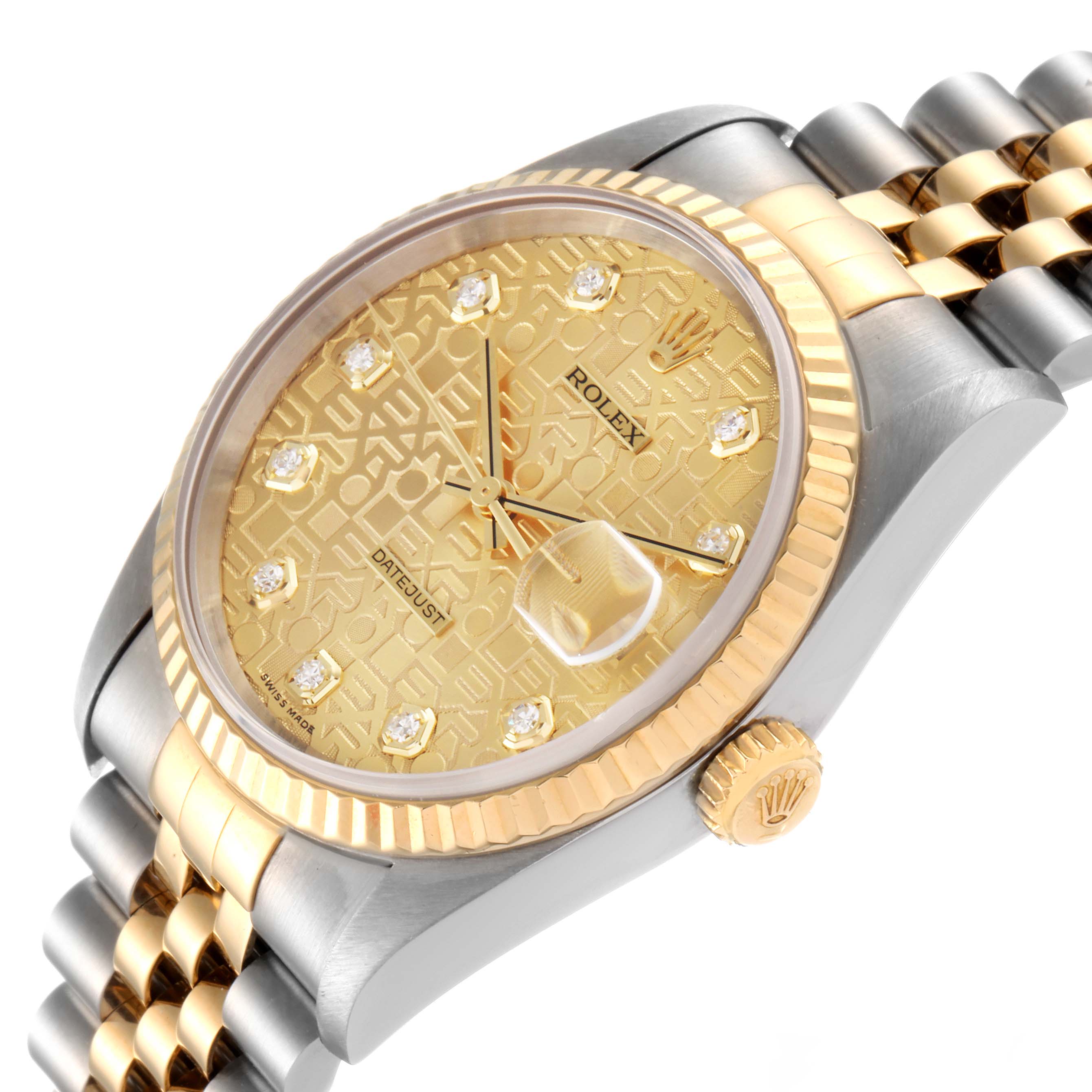 This image shows a Rolex Datejust 16233 Men's Steel and Gold (two tone) Champagne Dial 16233 Men's Steel and Gold (two tone) Champagne Dial watch taken at an oblique angle highlighting its gold and silver case, fluted bezel, and bracelet.