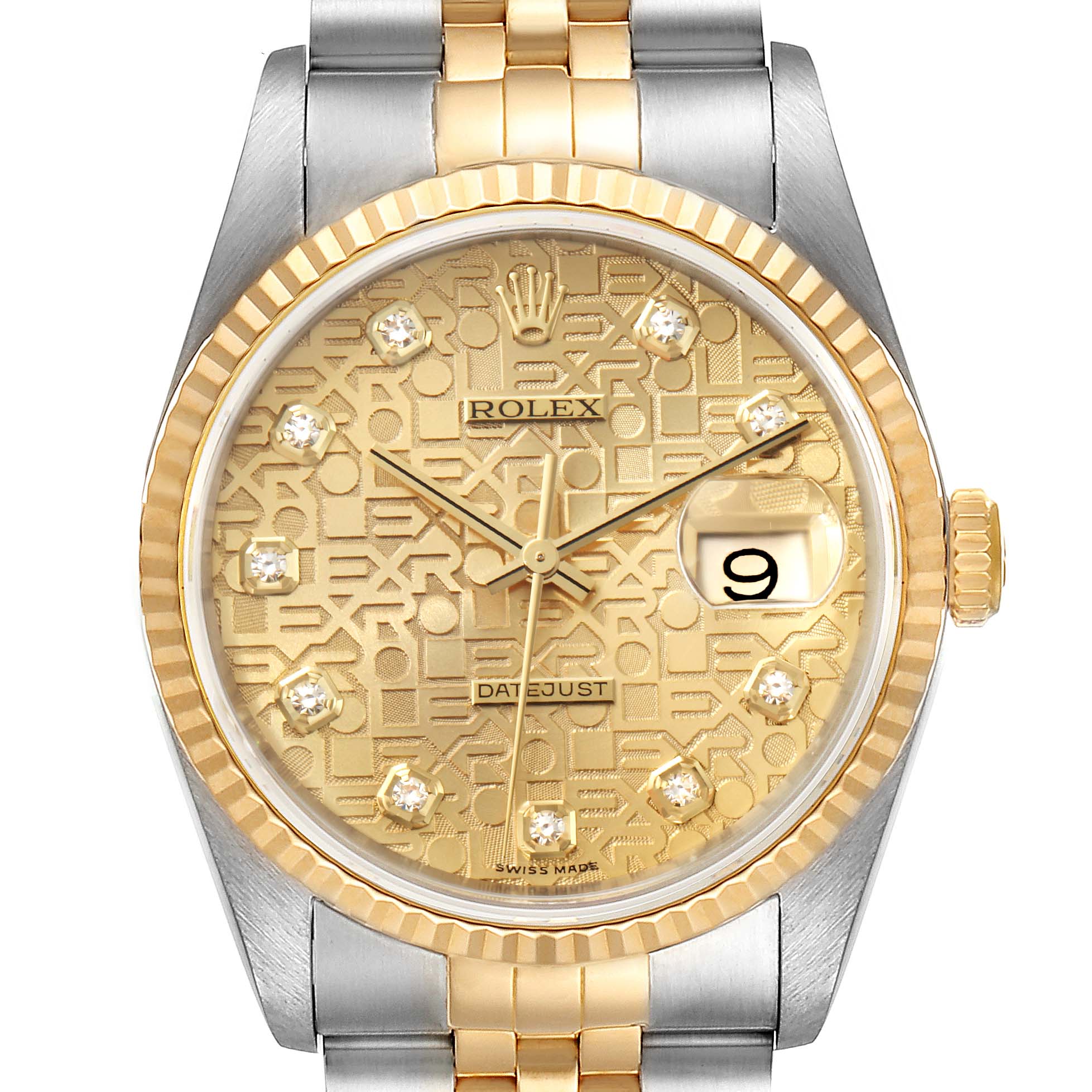 The image shows a Rolex Datejust 16233 Men's Steel and Gold (two tone) Champagne Dial 16233 Men's Steel and Gold (two tone) Champagne Dial watch from the front, highlighting the gold dial, date window, two-tone bracelet, and fluted bezel.
