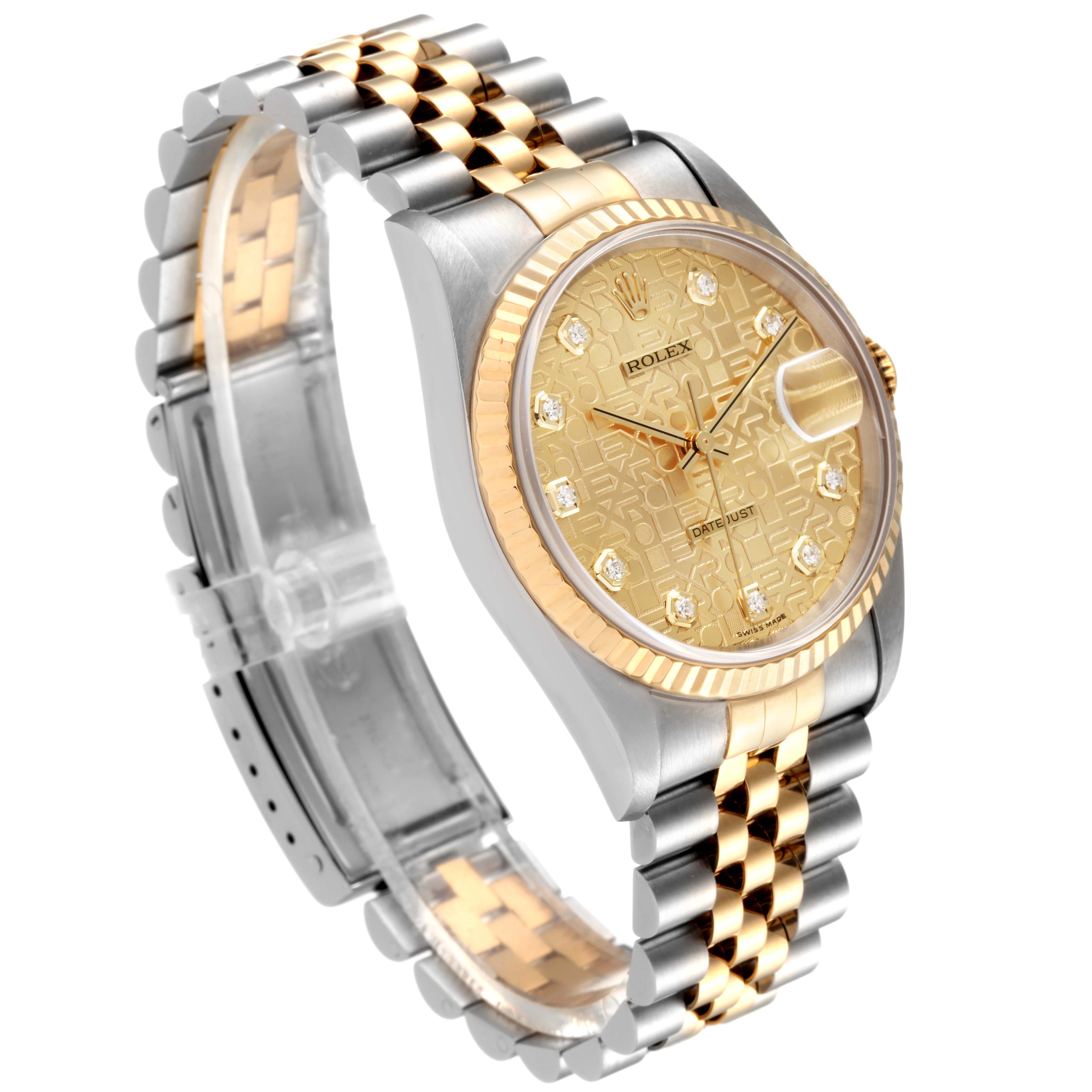 This image showcases a Rolex Datejust 16233 Men's Steel and Gold (two tone) Champagne Dial 16233 Men's Steel and Gold (two tone) Champagne Dial watch from an angled side view, highlighting its gold and silver bracelet and detailed watch face.