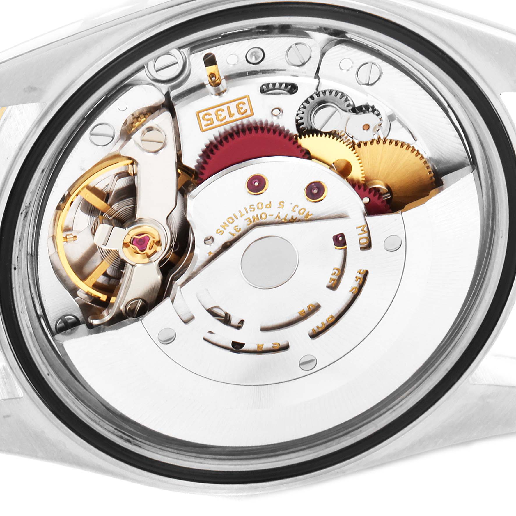 This image shows the inner mechanical movement of a Rolex Datejust 16233 Men's Steel and Gold (two tone) Champagne Dial 16233 Men's Steel and Gold (two tone) Champagne Dial watch from a back angle.