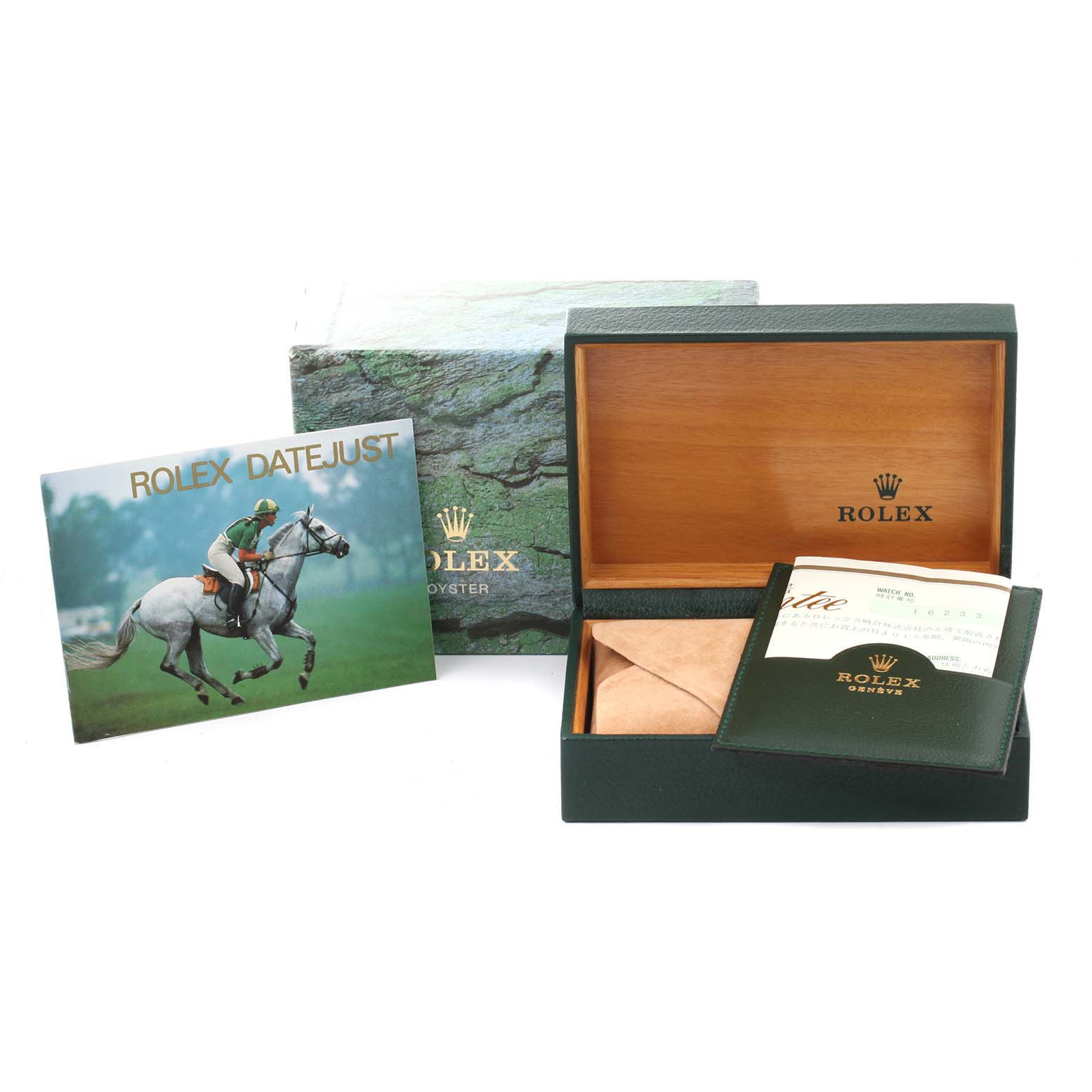 The image shows accessories for a Rolex Datejust 16233 Men's Steel and Gold (two tone) Champagne Dial 16233 Men's Steel and Gold (two tone) Champagne Dial, including the box, manual, and authenticity documents.