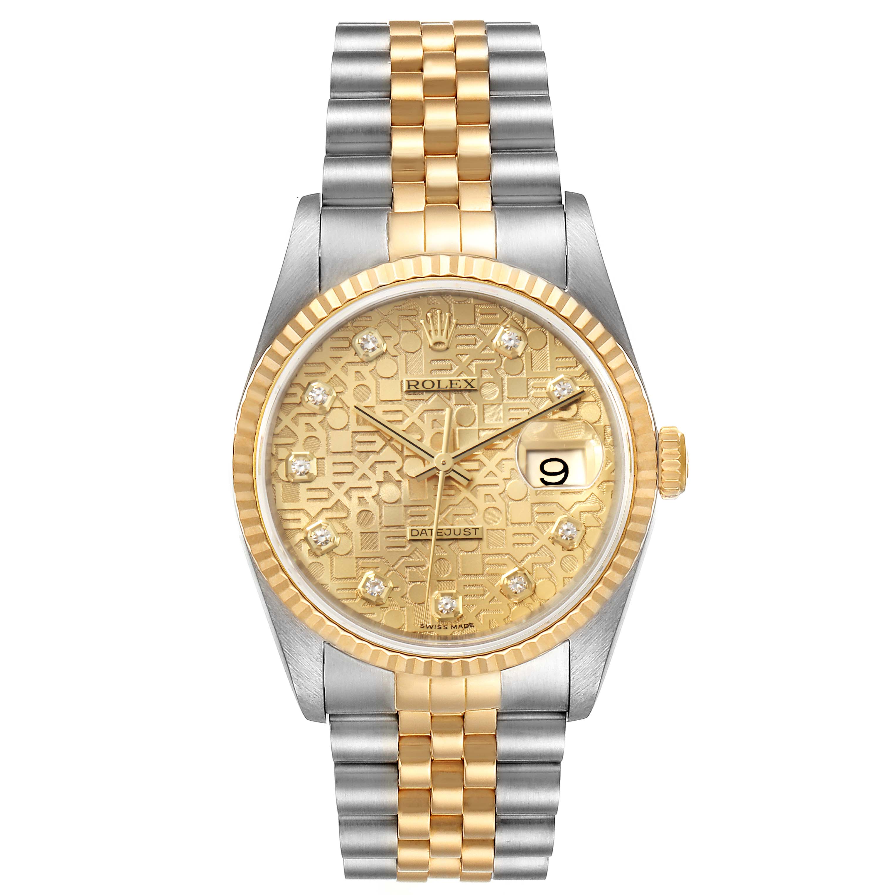 This image shows a front view of a Rolex Datejust 16233 Men's Steel and Gold (two tone) Champagne Dial 16233 Men's Steel and Gold (two tone) Champagne Dial watch with a two-tone metal bracelet and gold dial.