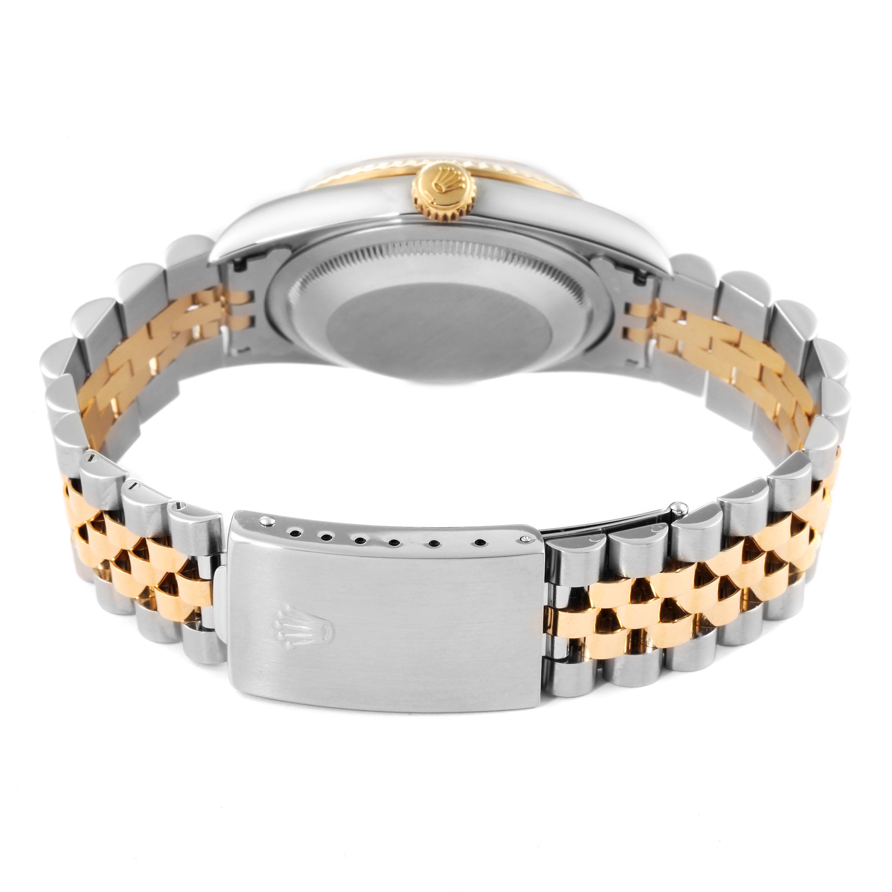 The image shows the back side of a Rolex Datejust 16233 Men's Steel and Gold (two tone) Champagne Dial 16233 Men's Steel and Gold (two tone) Champagne Dial watch, highlighting the clasp, bracelet, and caseback.