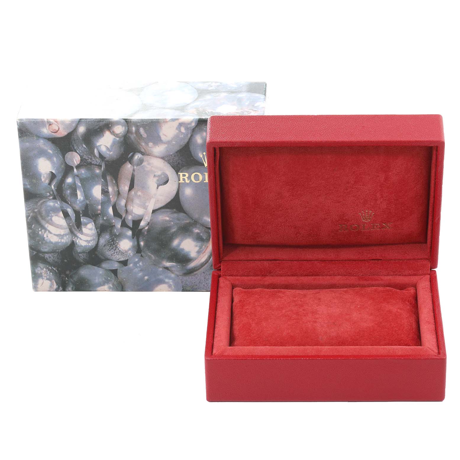 An open Rolex Datejust 69173 Women's Steel and Gold (two tone) Mother of Pearl Dial 69173 Women's Steel and Gold (two tone) Mother of Pearl Dial watch box with a red interior and its outer packaging is shown.