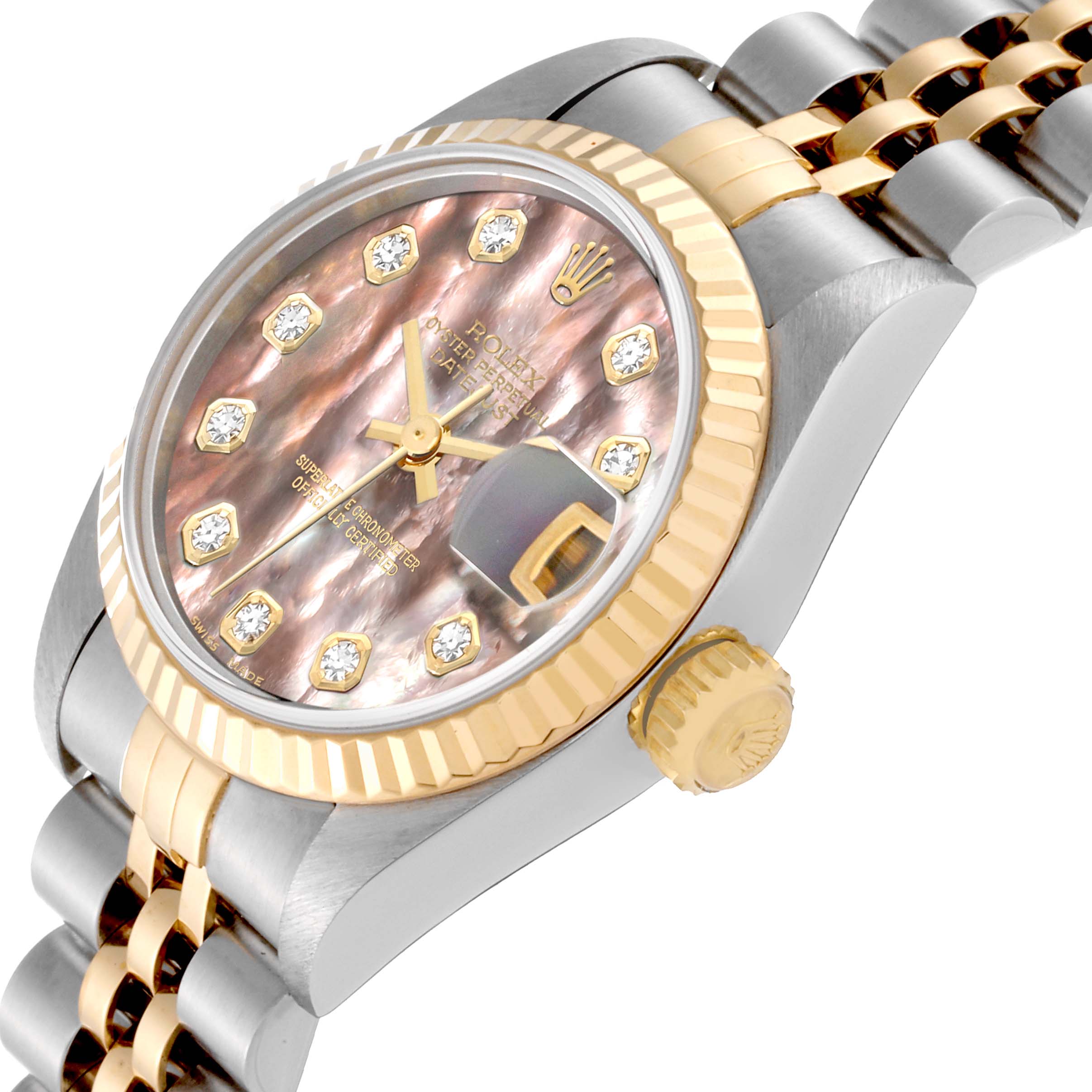 The image shows a side and partial top view of a Rolex Datejust 69173 Women's Steel and Gold (two tone) Mother of Pearl Dial 69173 Women's Steel and Gold (two tone) Mother of Pearl Dial watch, displaying the dial, crown, bezel, and part of the bracelet.