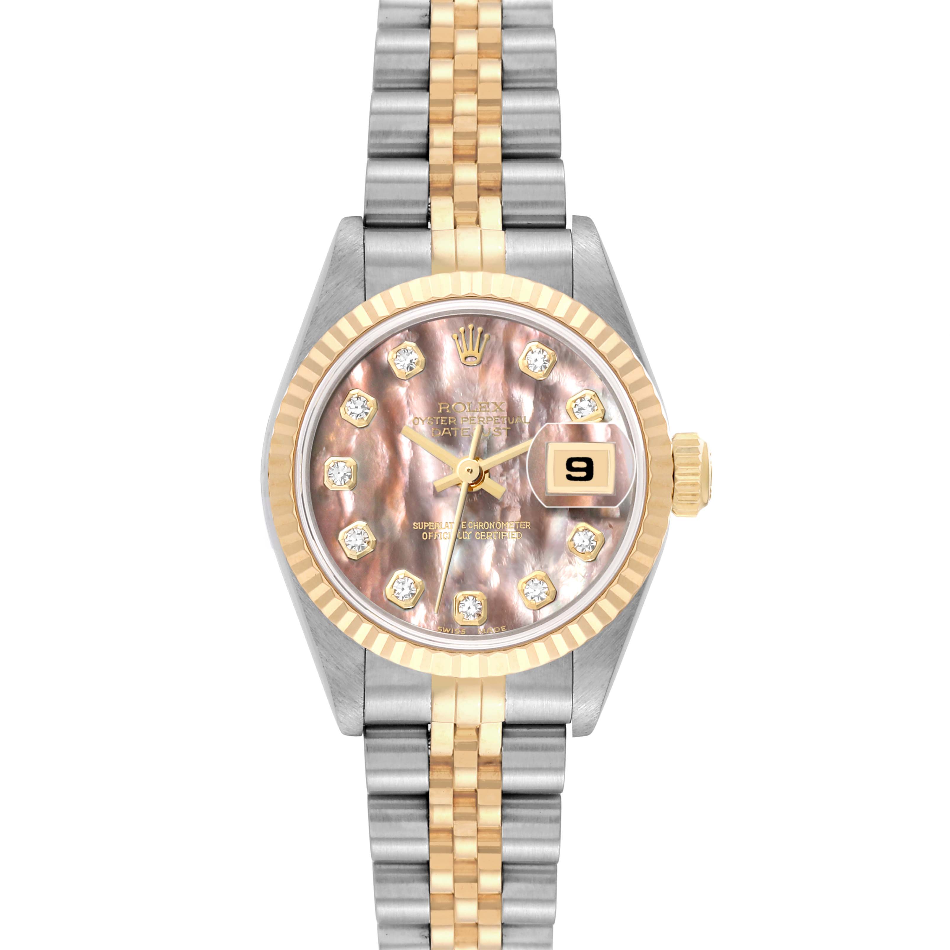 This is a Rolex Datejust 69173 Women's Steel and Gold (two tone) Mother of Pearl Dial 69173 Women's Steel and Gold (two tone) Mother of Pearl Dial watch shown from a front angle, displaying the face, bezel, crown, and part of the bracelet.