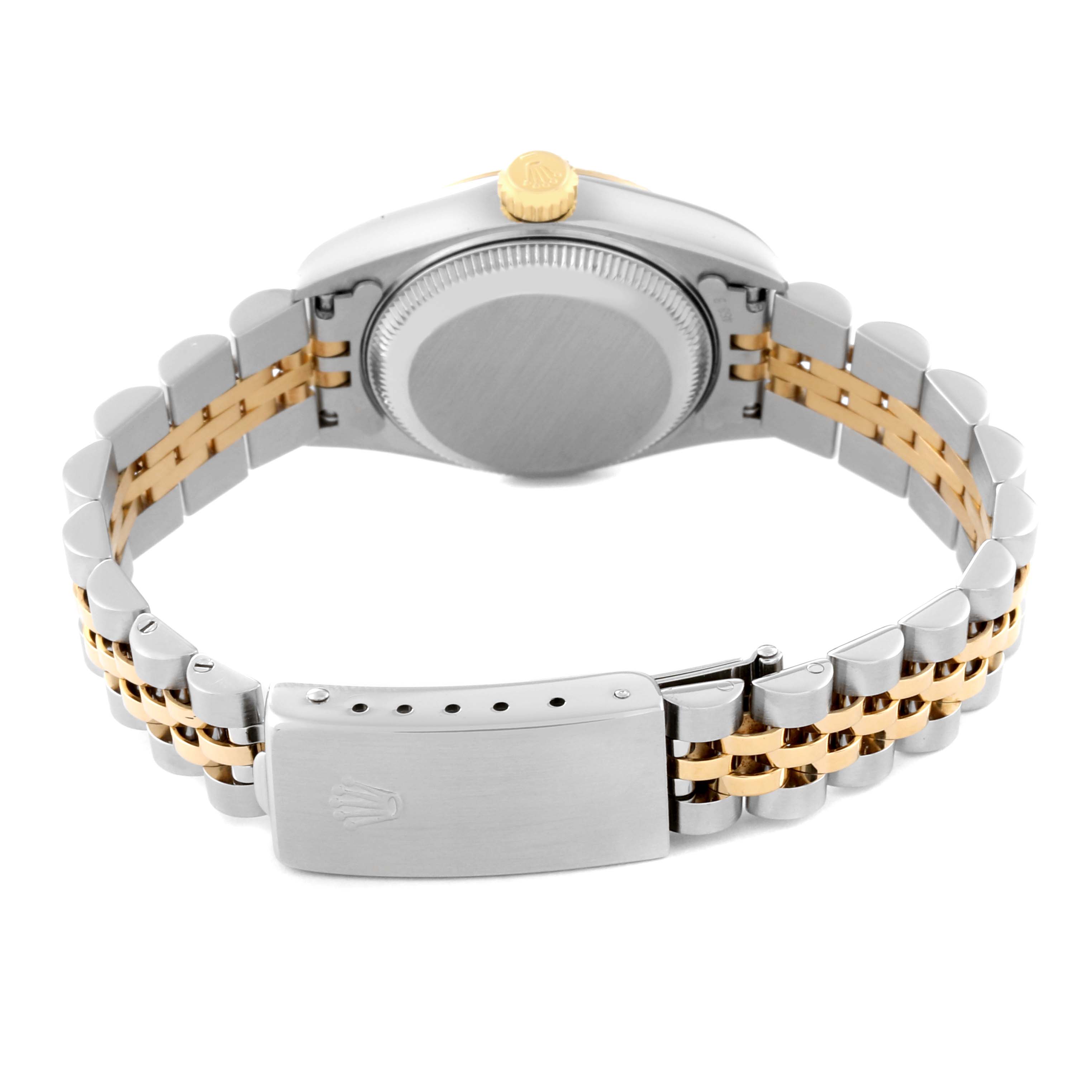 The image shows the back of a Rolex Datejust 69173 Women's Steel and Gold (two tone) Mother of Pearl Dial 69173 Women's Steel and Gold (two tone) Mother of Pearl Dial watch, highlighting the case back, gold crown, and two-tone Jubilee bracelet with clasp.