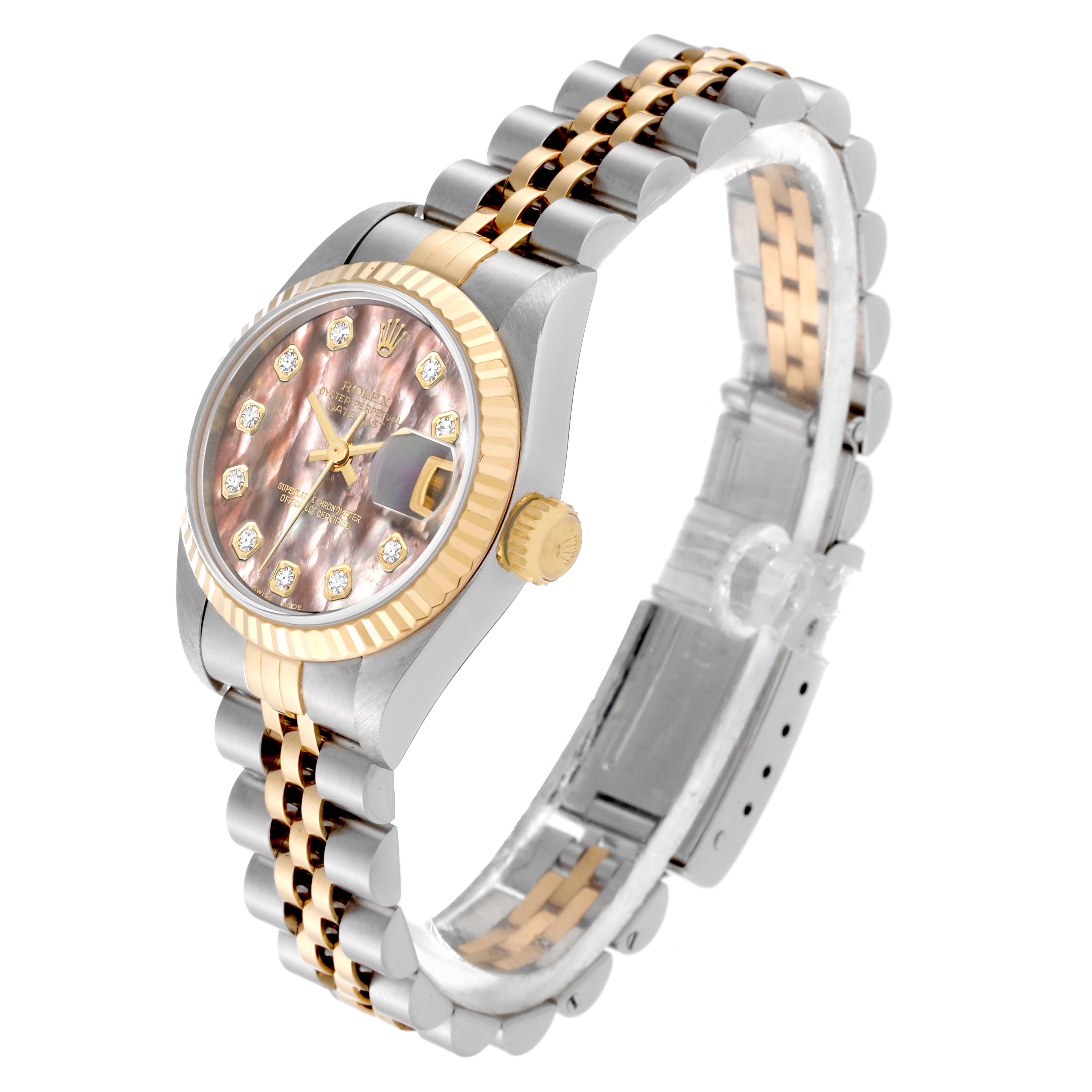 This image shows a Rolex Datejust 69173 Women's Steel and Gold (two tone) Mother of Pearl Dial 69173 Women's Steel and Gold (two tone) Mother of Pearl Dial watch angled from the front-left, displaying the face, bezel, crown, and bracelet.