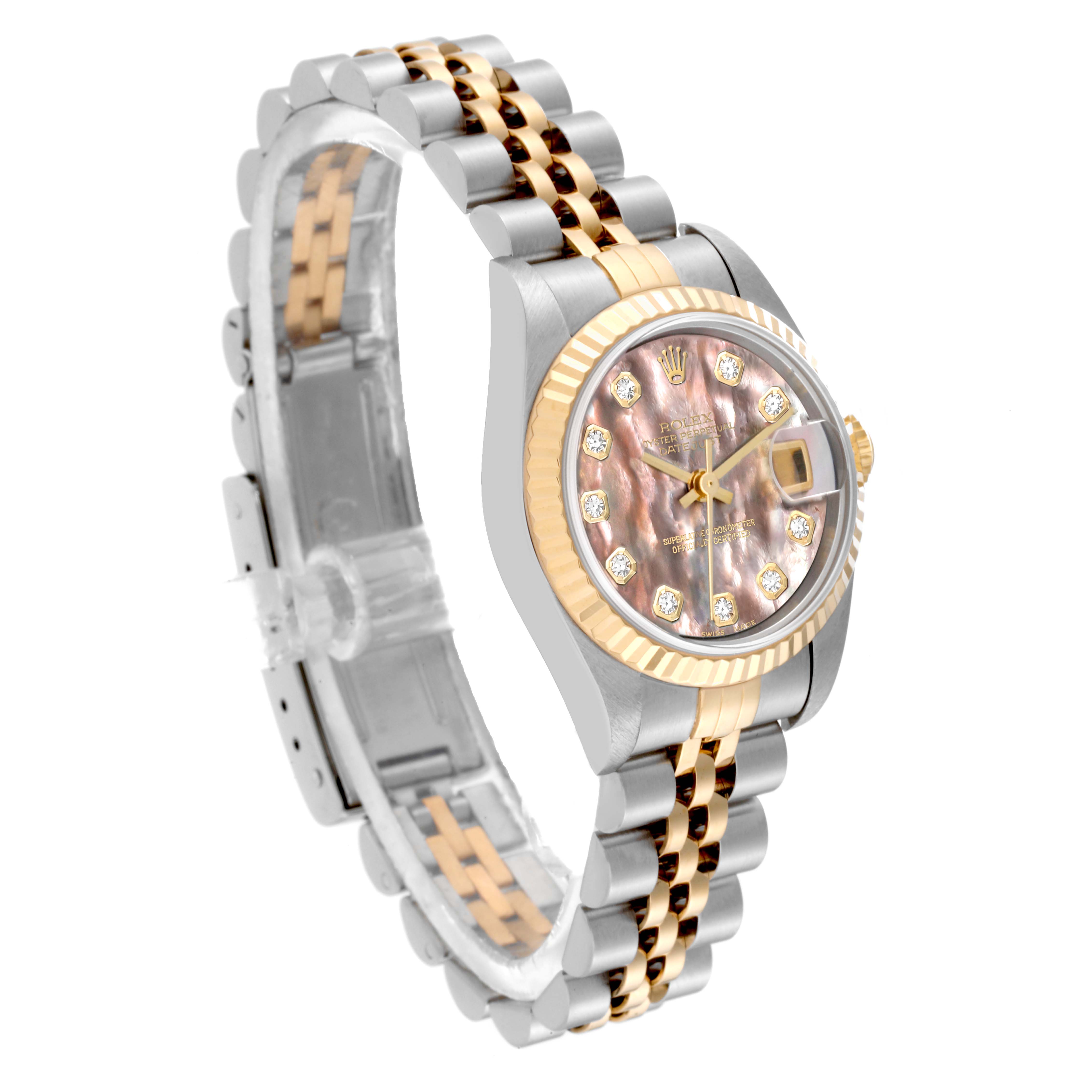 The Rolex Datejust 69173 Women's Steel and Gold (two tone) Mother of Pearl Dial 69173 Women's Steel and Gold (two tone) Mother of Pearl Dial watch is shown at an angled view, highlighting its two-tone bracelet and diamond-accented mother-of-pearl dial.