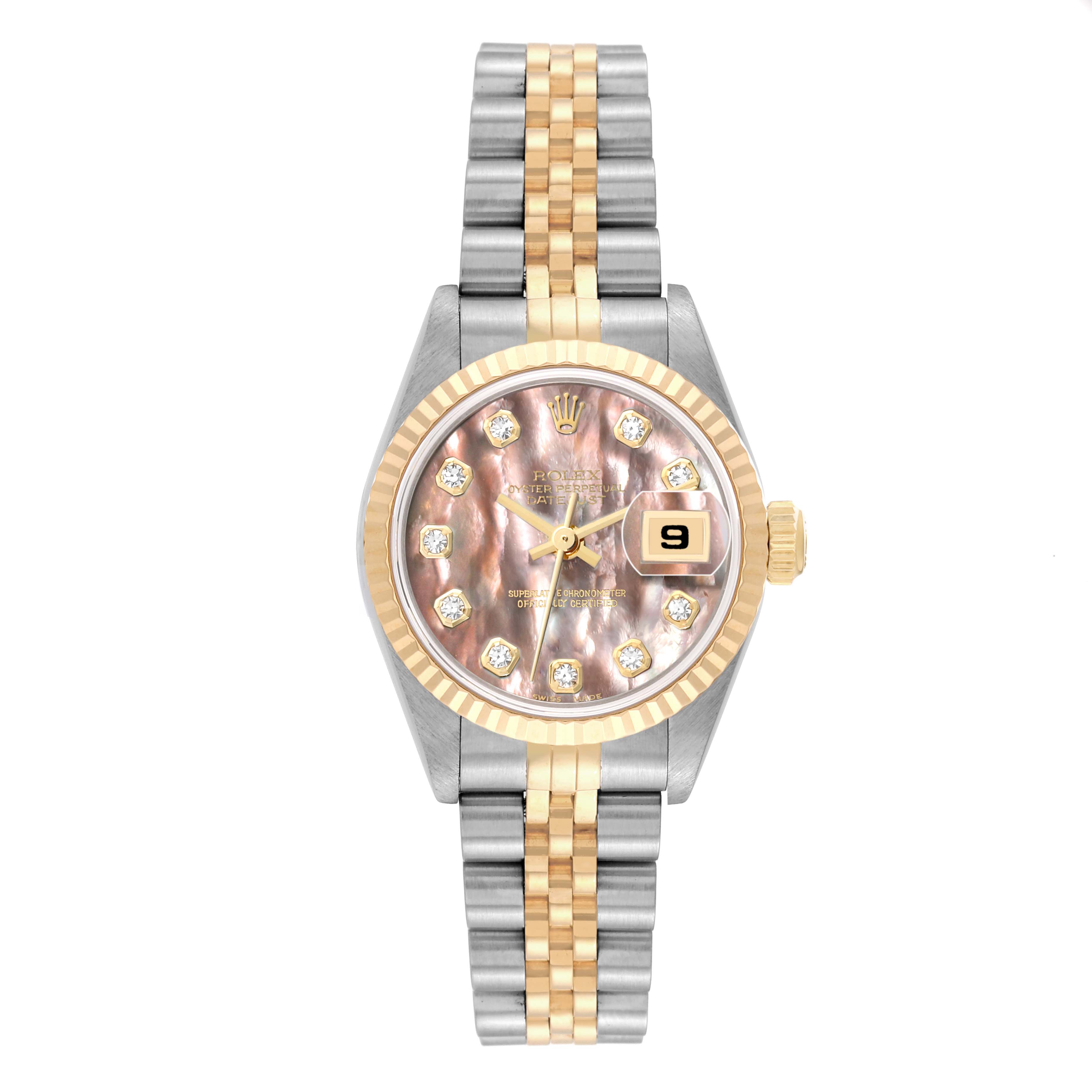 The Rolex Datejust 69173 Women's Steel and Gold (two tone) Mother of Pearl Dial 69173 Women's Steel and Gold (two tone) Mother of Pearl Dial watch is shown from the front, displaying its dial, bezel, and two-tone bracelet.
