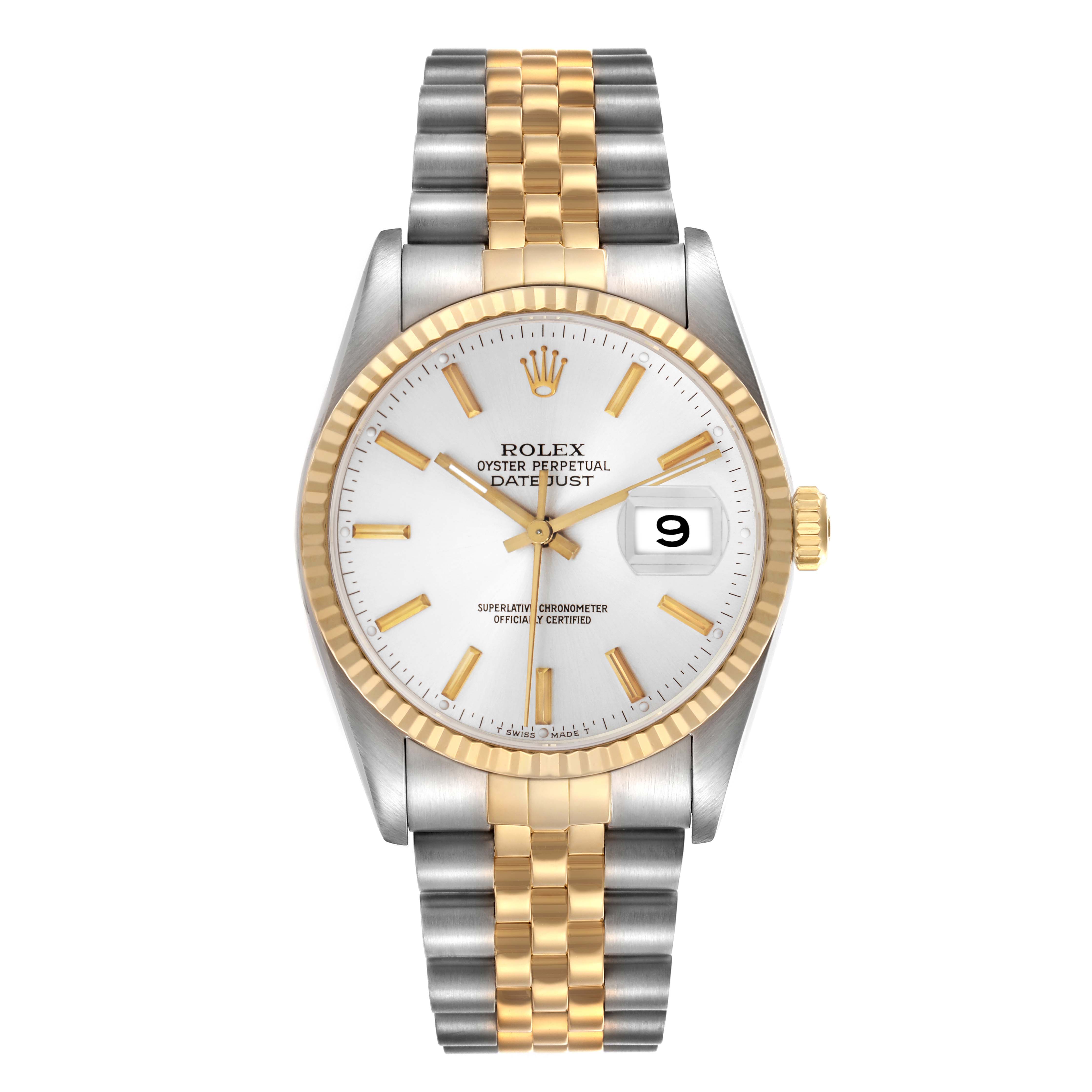 The Rolex Datejust 16233 Men's Steel and Gold (two tone) Silver Dial 16233 Men's Steel and Gold (two tone) Silver Dial watch is shown from the front, displaying its dial, two-tone bracelet, fluted bezel, and date window.