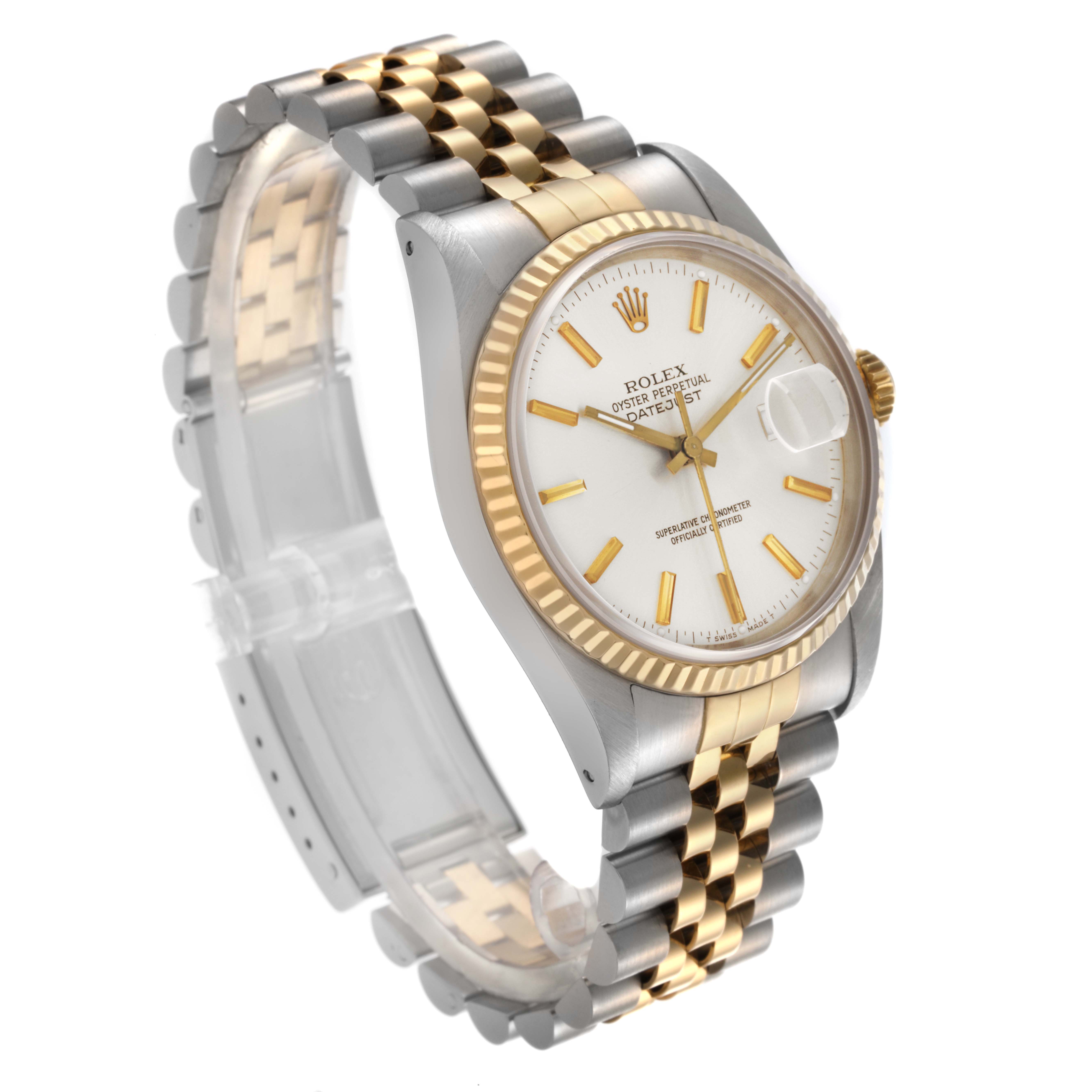 The Rolex Datejust 16233 Men's Steel and Gold (two tone) Silver Dial 16233 Men's Steel and Gold (two tone) Silver Dial watch is shown at an angled side view, displaying the case, bezel, dial, and bracelet.