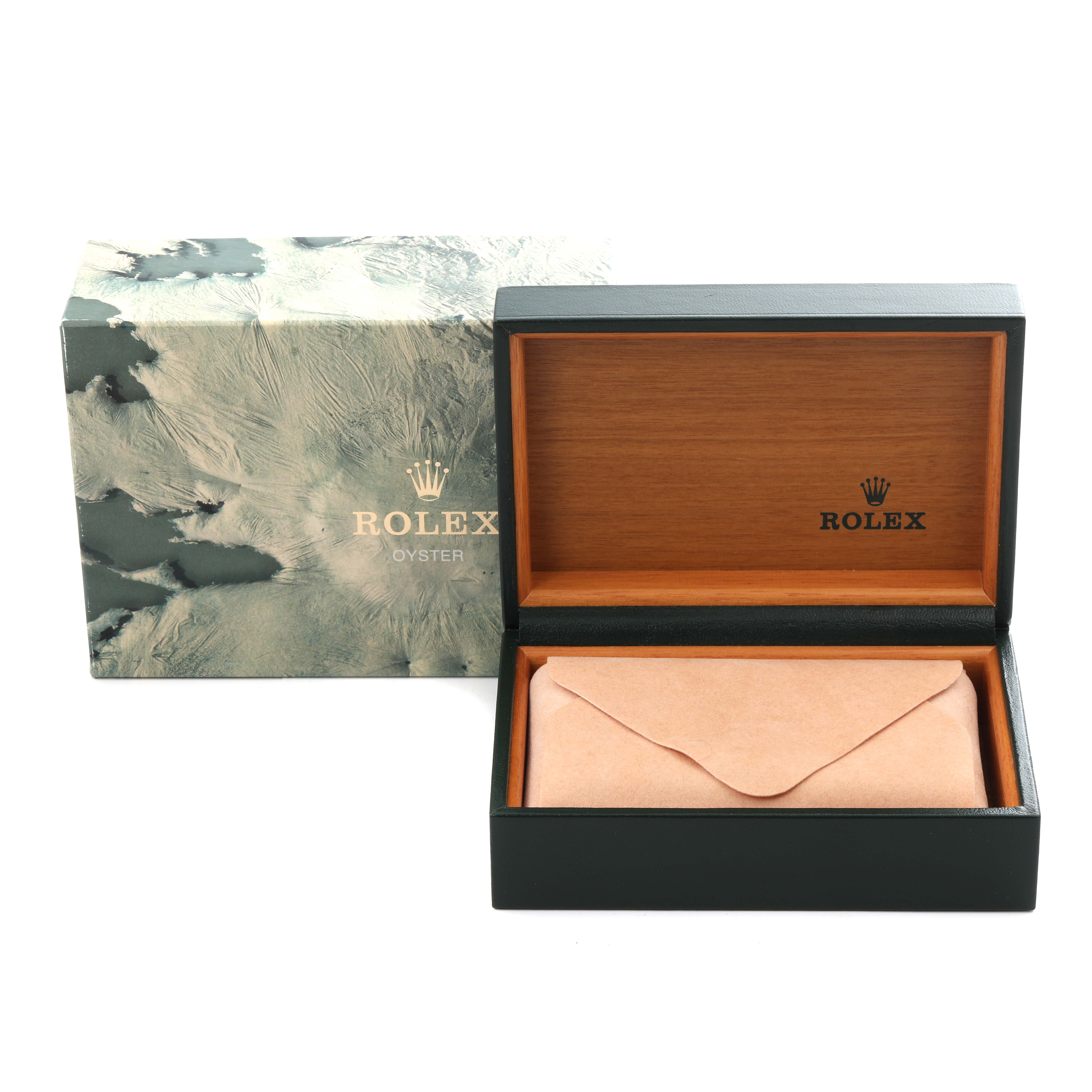 The image shows a Rolex Datejust 16233 Men's Steel and Gold (two tone) Silver Dial 16233 Men's Steel and Gold (two tone) Silver Dial watch box and a leather pouch inside, with the exterior box visible.