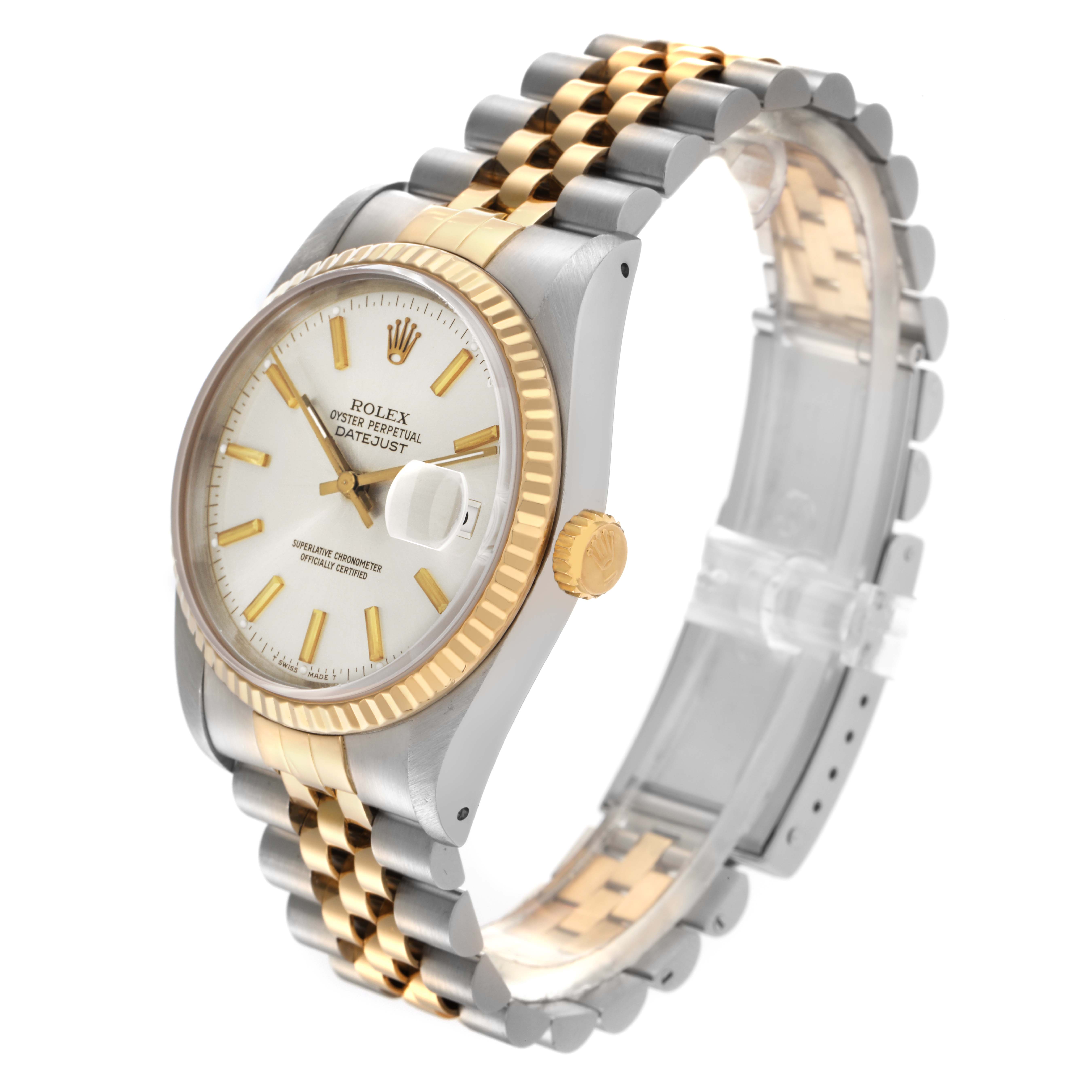 The Rolex Datejust 16233 Men's Steel and Gold (two tone) Silver Dial 16233 Men's Steel and Gold (two tone) Silver Dial watch is shown at a three-quarter angle, highlighting the dial, bezel, crown, and two-tone bracelet.