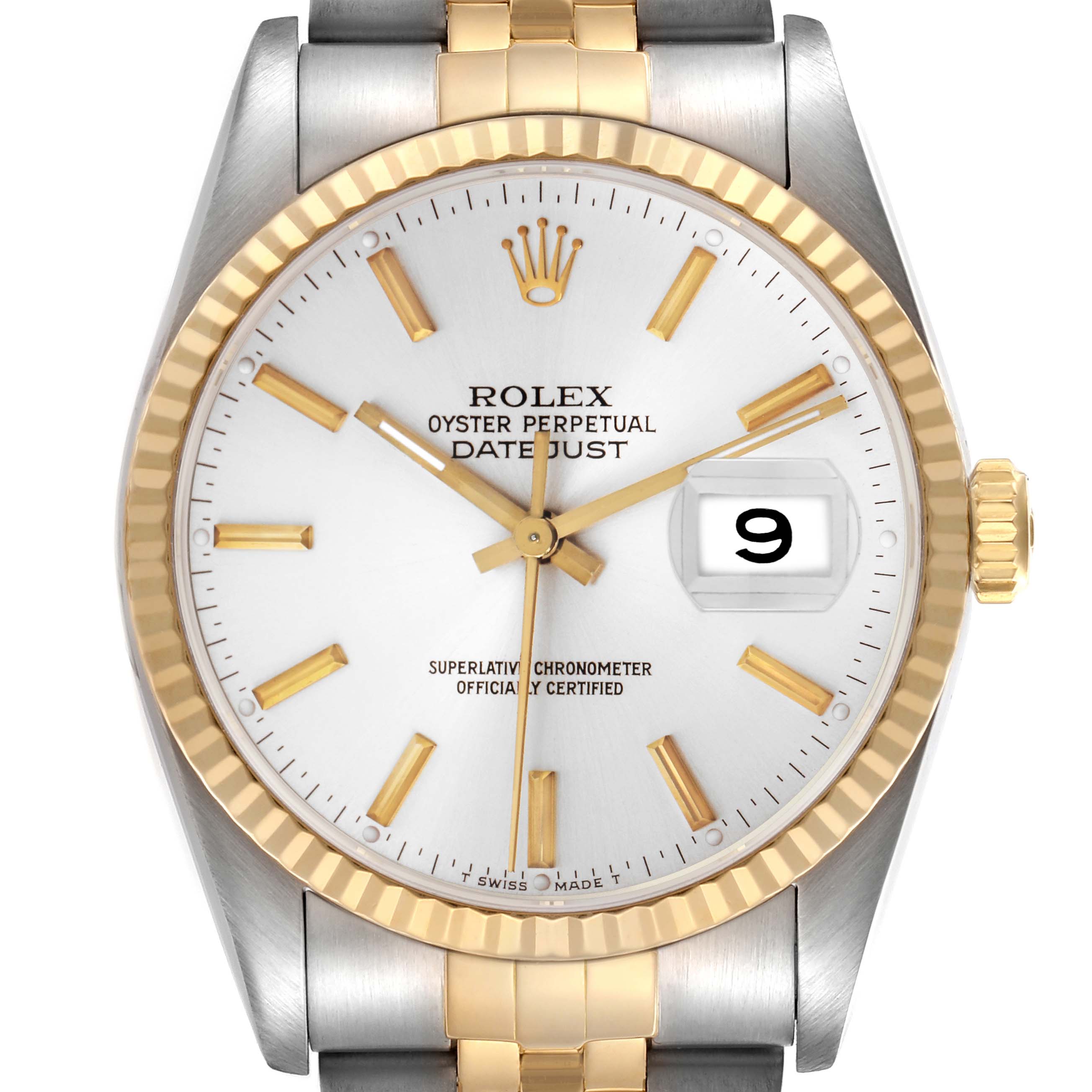 The image shows a front view of the Rolex Datejust 16233 Men's Steel and Gold (two tone) Silver Dial 16233 Men's Steel and Gold (two tone) Silver Dial, highlighting the dial, gold and silver bracelet, and date window.