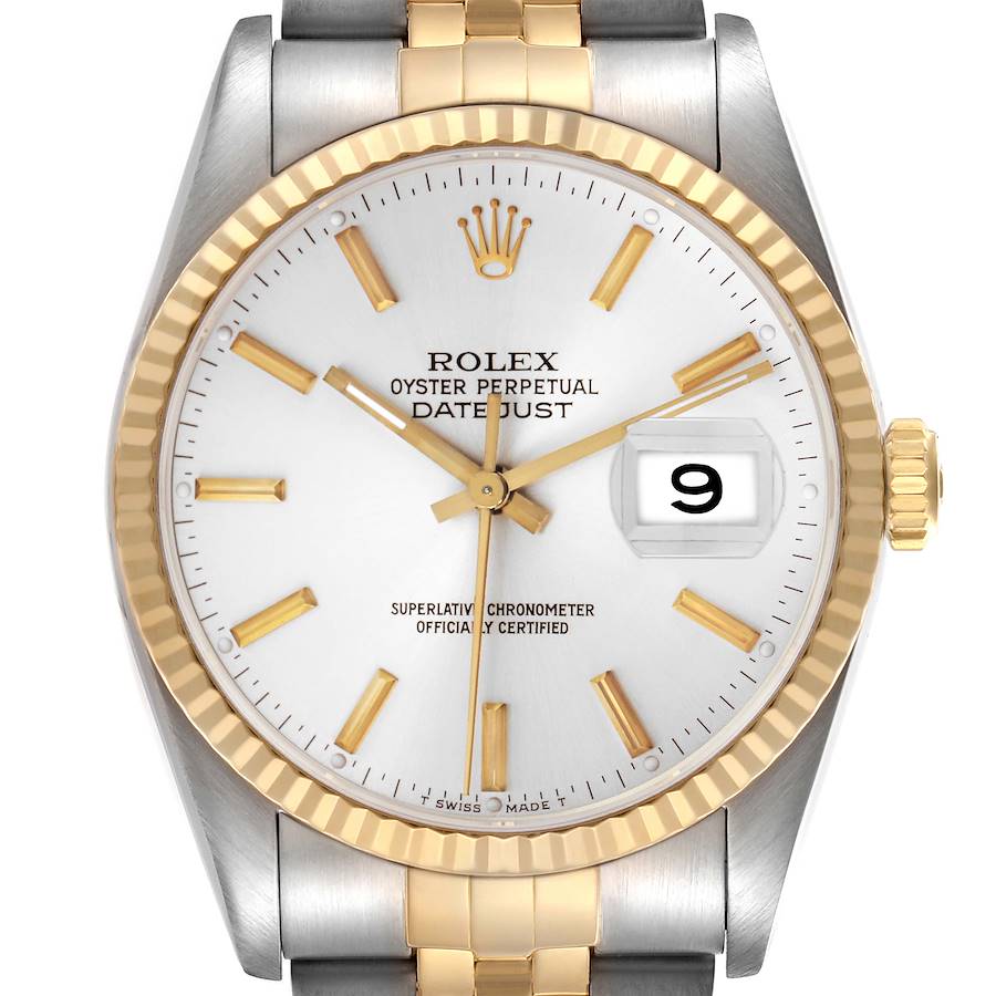 The image shows a front view of the Rolex Datejust, highlighting the dial, gold and silver bracelet, and date window.