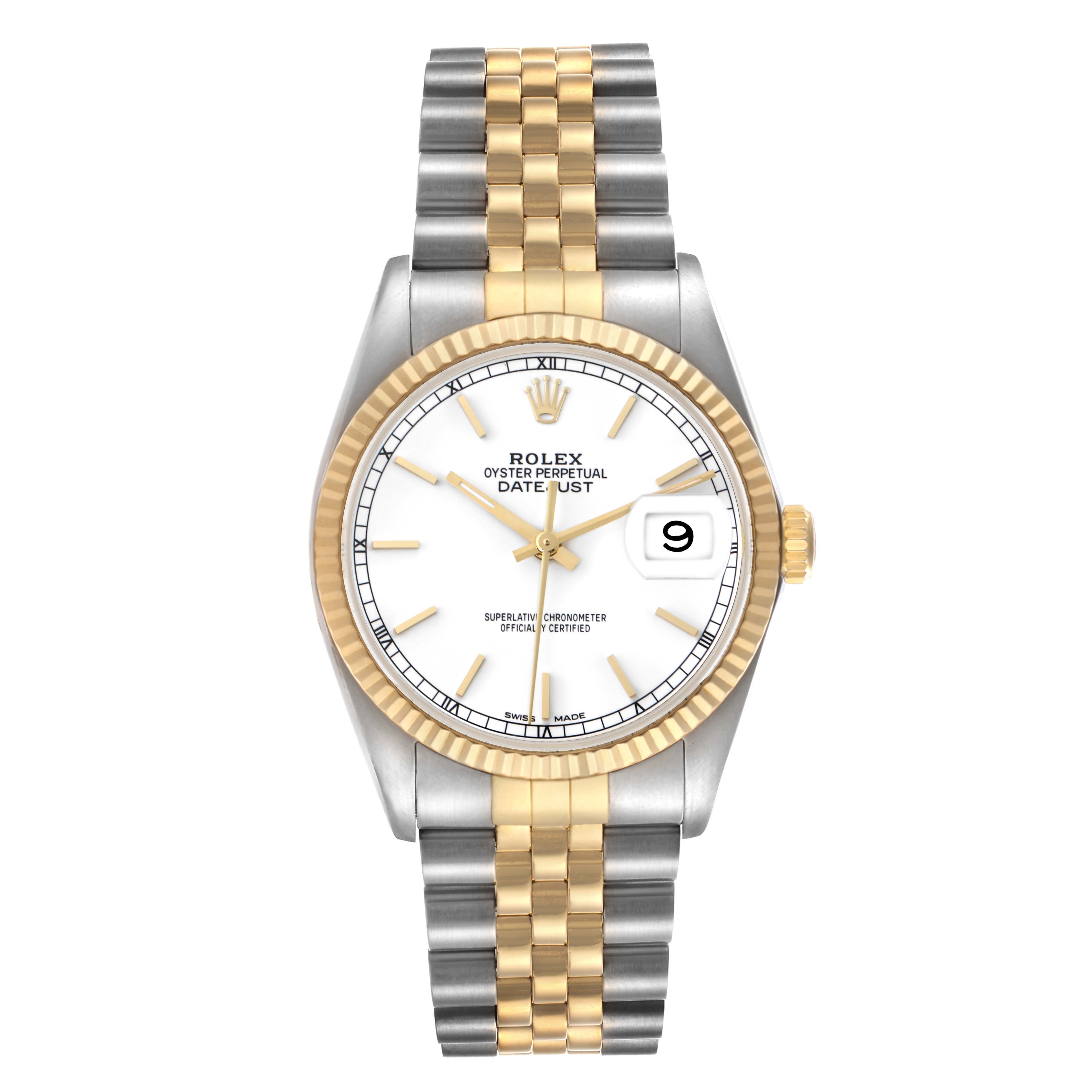 The Rolex Datejust 16013 Men's Steel and Gold (two tone) White Dial 16013 Men's Steel and Gold (two tone) White Dial watch is shown from the front, displaying its dial, bezel, and bracelet.