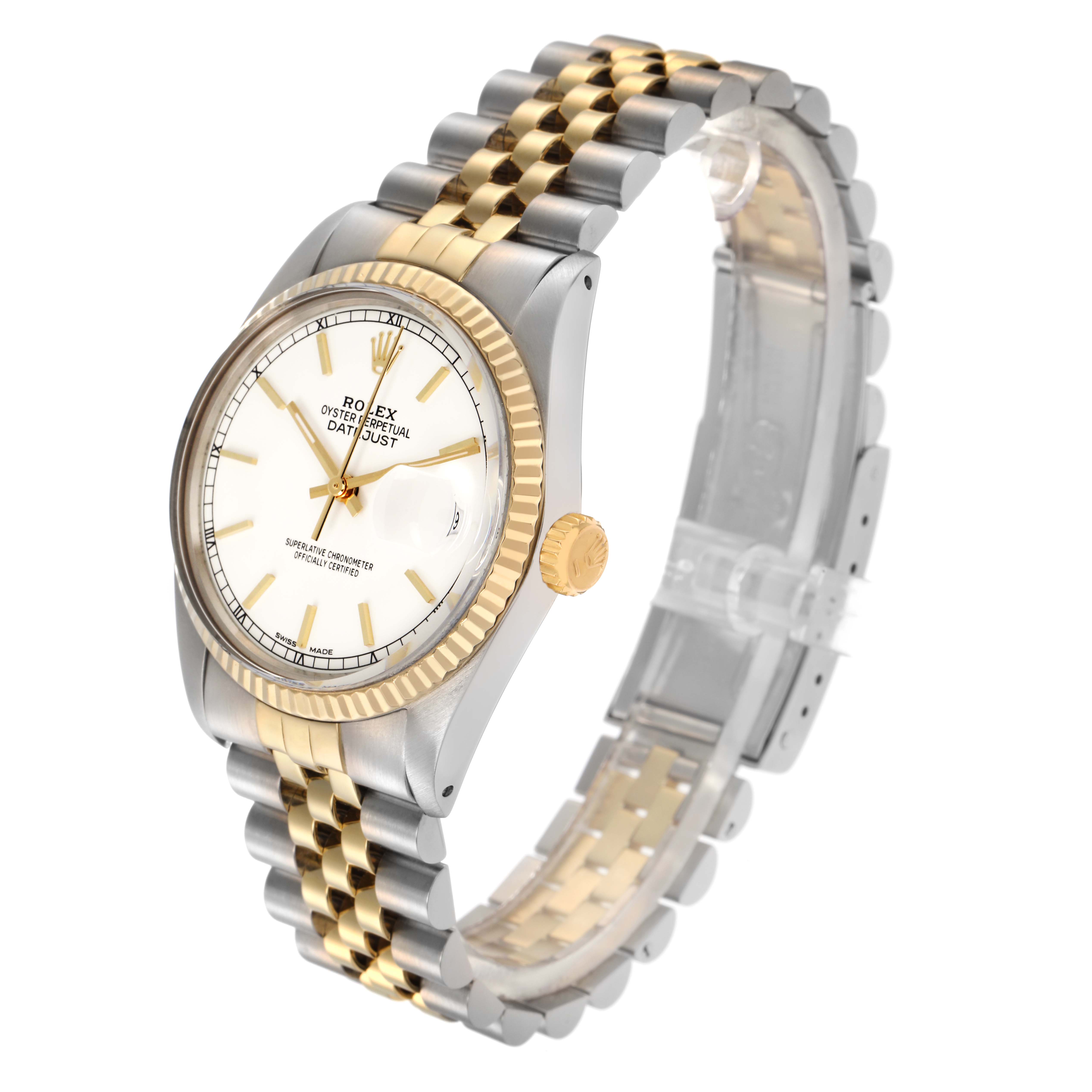 The Rolex Datejust 16013 Men's Steel and Gold (two tone) White Dial 16013 Men's Steel and Gold (two tone) White Dial watch is shown at a slight angle, highlighting the face, bezel, crown, and two-tone jubilee bracelet.