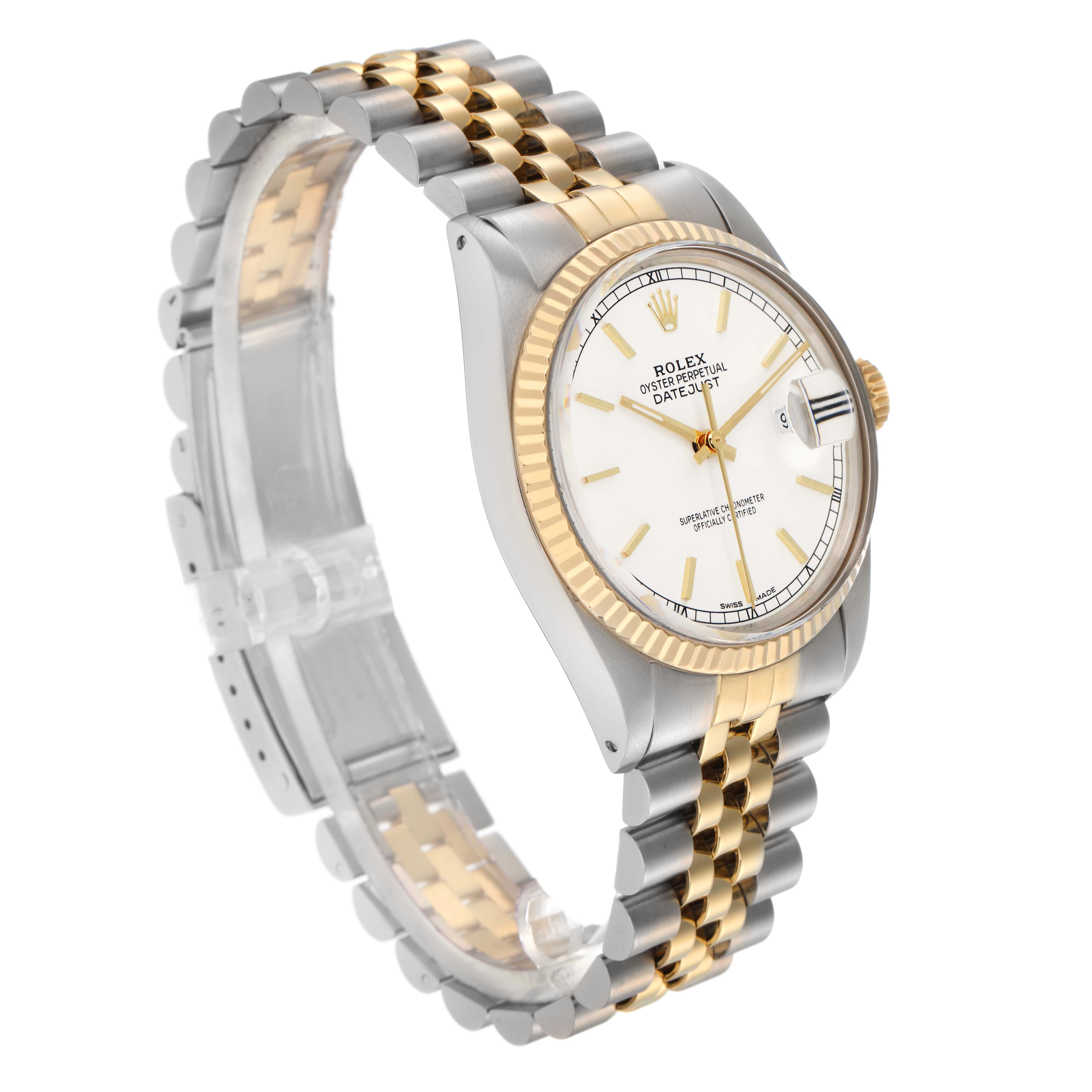 The Rolex Datejust 16013 Men's Steel and Gold (two tone) White Dial 16013 Men's Steel and Gold (two tone) White Dial watch is shown at a three-quarter angle, displaying the face, bezel, case, crown, and jubilee bracelet.