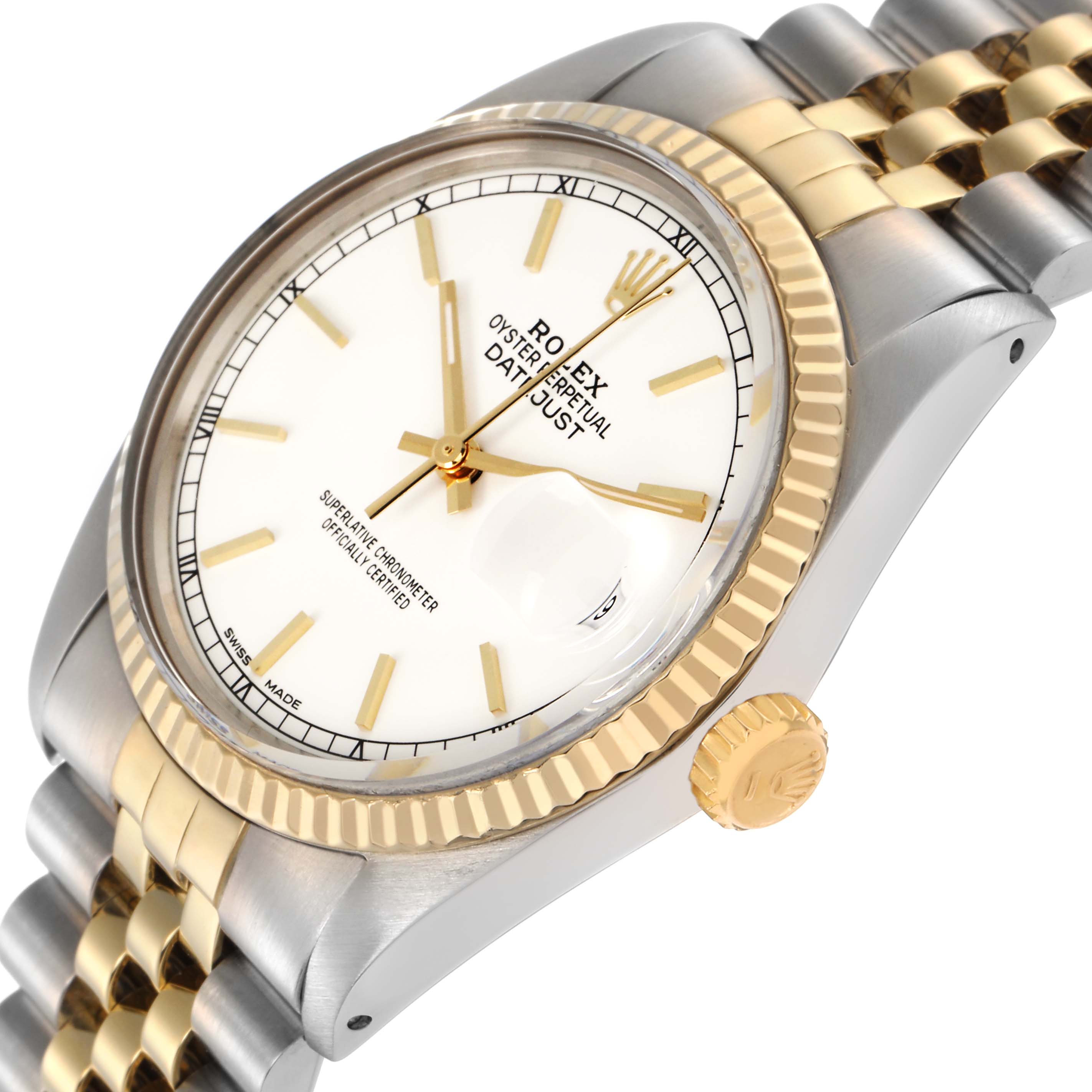The image shows the Rolex Datejust 16013 Men's Steel and Gold (two tone) White Dial 16013 Men's Steel and Gold (two tone) White Dial at a three-quarter angle, highlighting the bezel, dial, crown, and part of the bracelet.