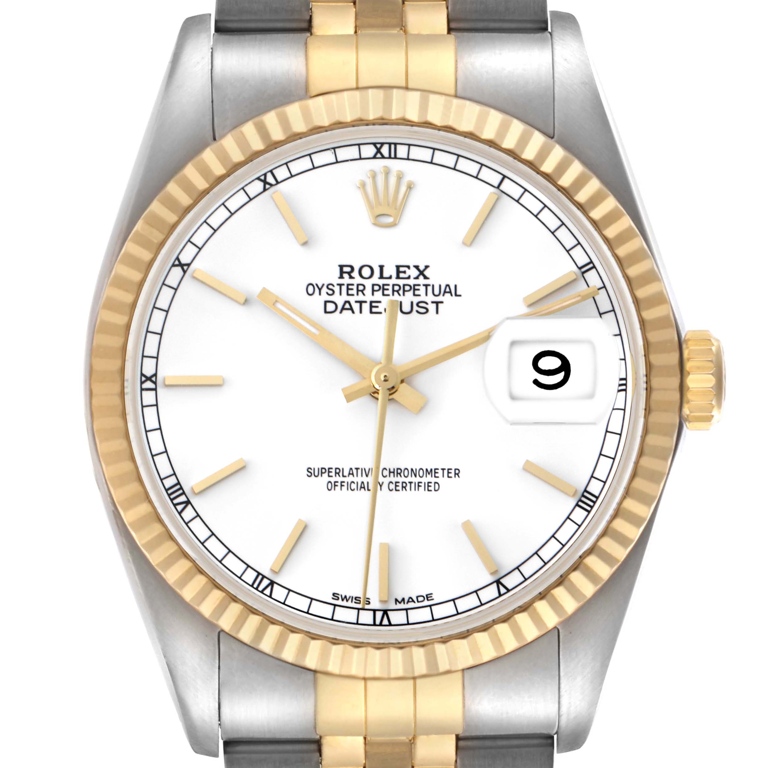 The Rolex Datejust 16013 Men's Steel and Gold (two tone) White Dial 16013 Men's Steel and Gold (two tone) White Dial watch is shown from the front, displaying its face, bezel, crown, and part of the bracelet.