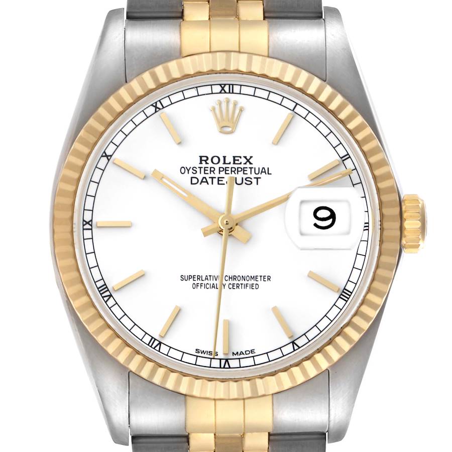 The Rolex Datejust watch is shown from the front, displaying its face, bezel, crown, and part of the bracelet.