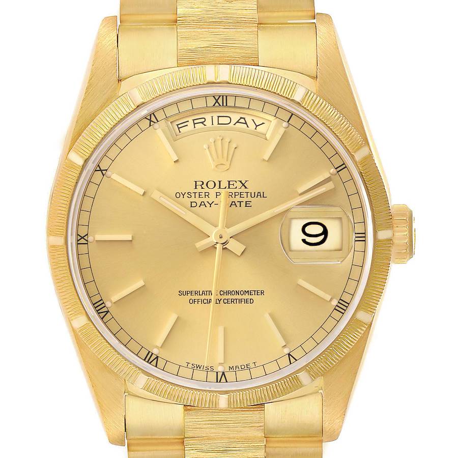 The Rolex President model is shown from a front angle, displaying the dial, bezel, and part of the bracelet.