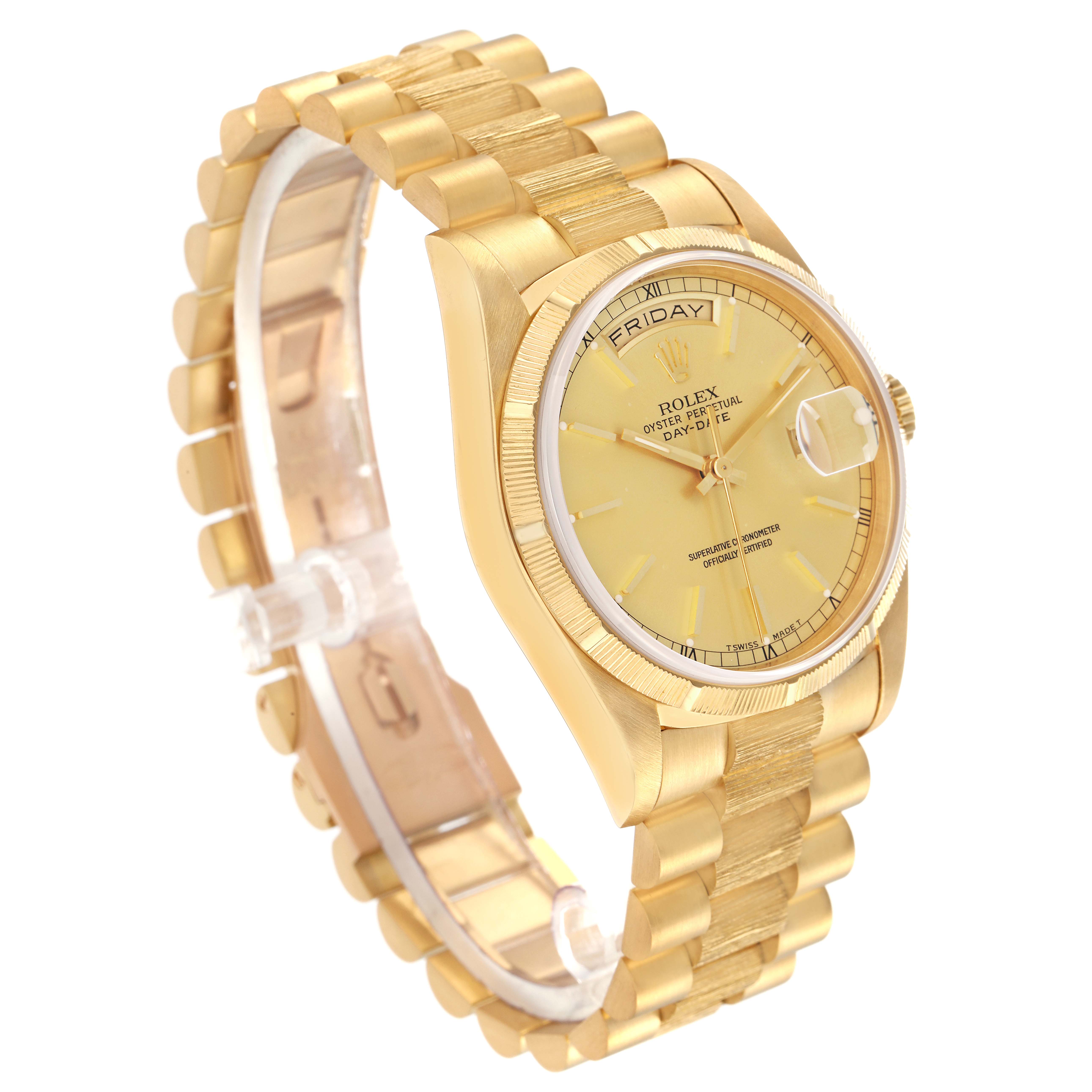 The Rolex President 18248 Men's Yellow Gold Champagne Dial 18248 Men's Yellow Gold Champagne Dial model is shown at a three-quarter angle, displaying the watch face, bezel, and bracelet.