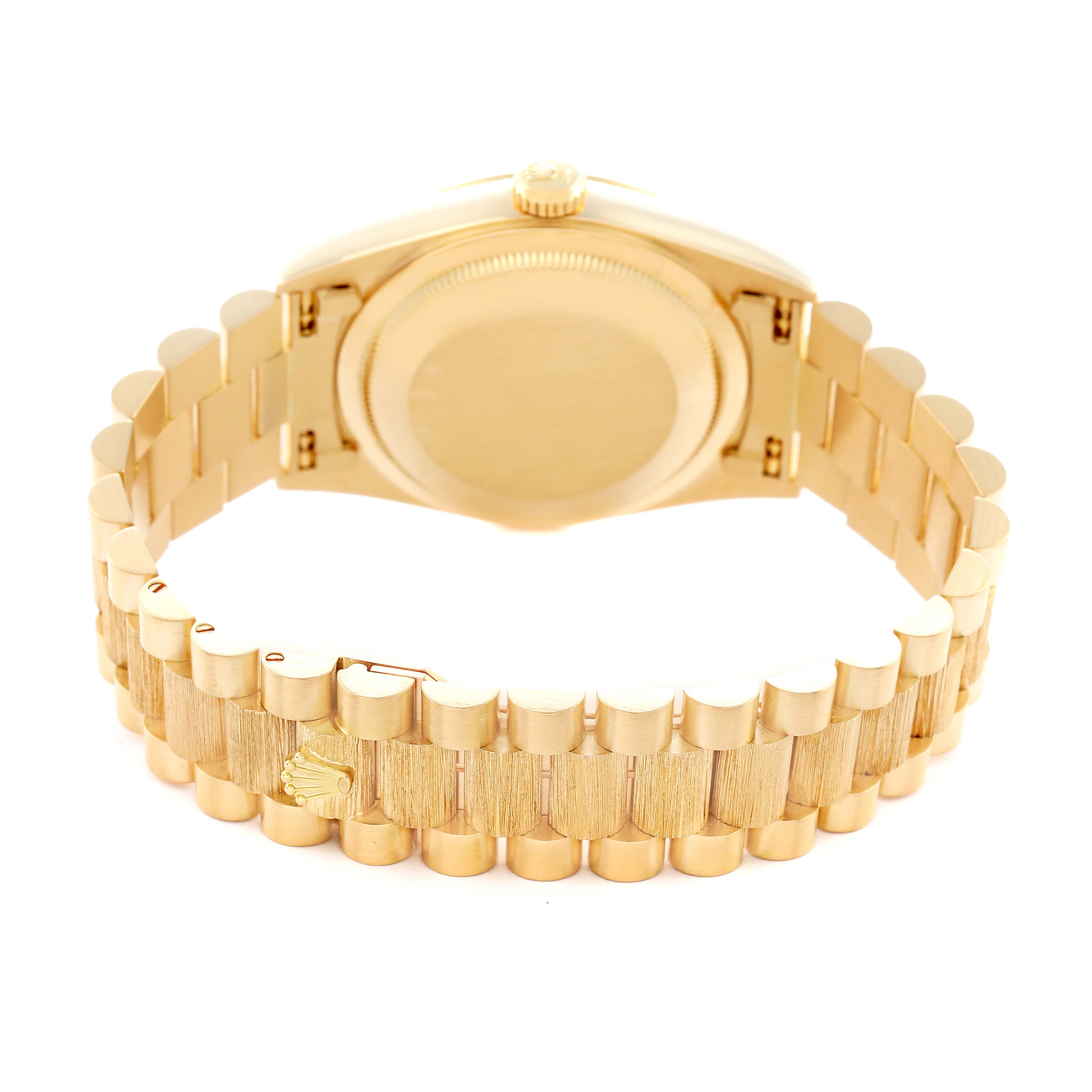 The image shows the back view of a Rolex President 18248 Men's Yellow Gold Champagne Dial 18248 Men's Yellow Gold Champagne Dial model watch, highlighting the case back and gold bracelet.