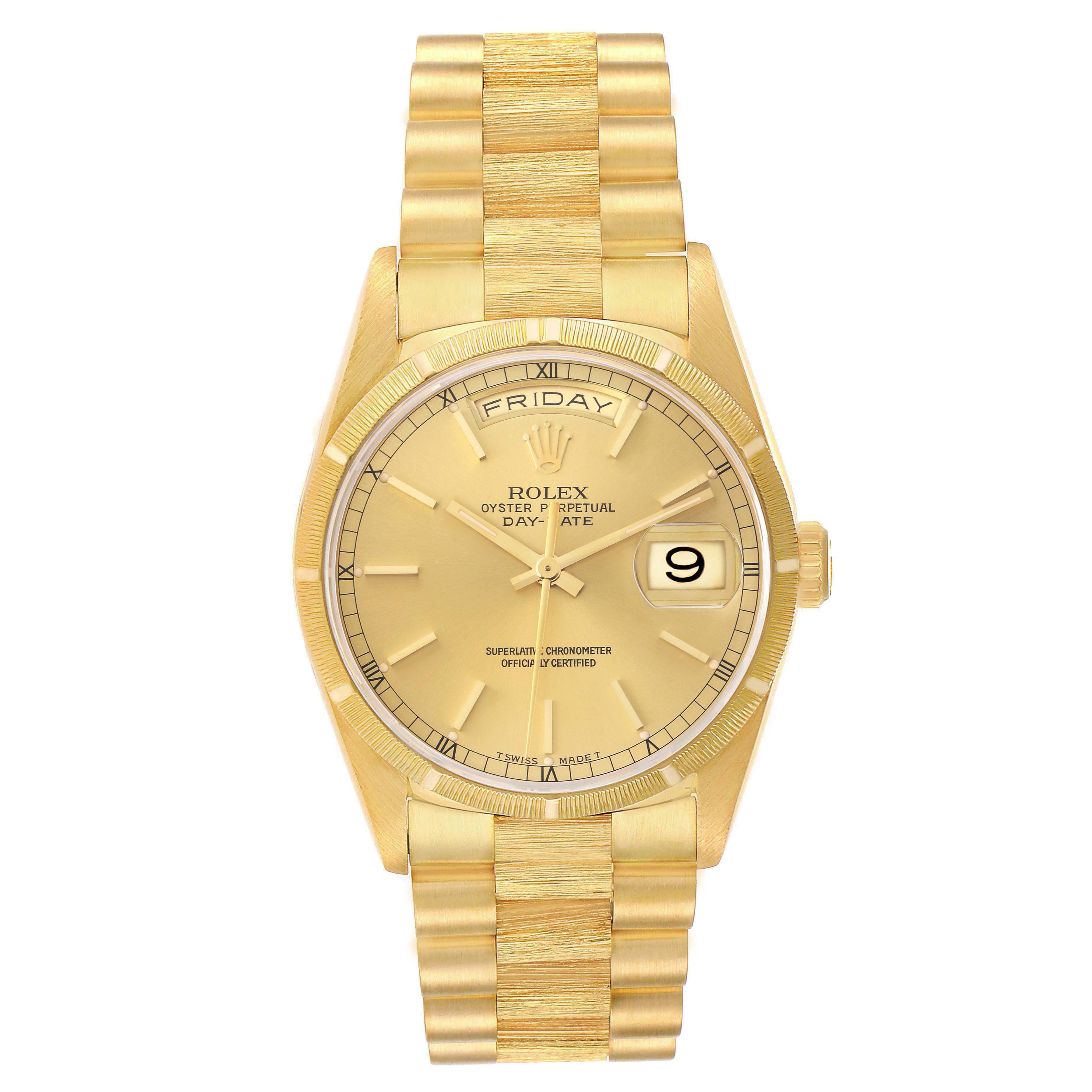The Rolex President 18248 Men's Yellow Gold Champagne Dial 18248 Men's Yellow Gold Champagne Dial watch is shown from a front angle, displaying its gold dial, day-date feature, and gold bracelet.