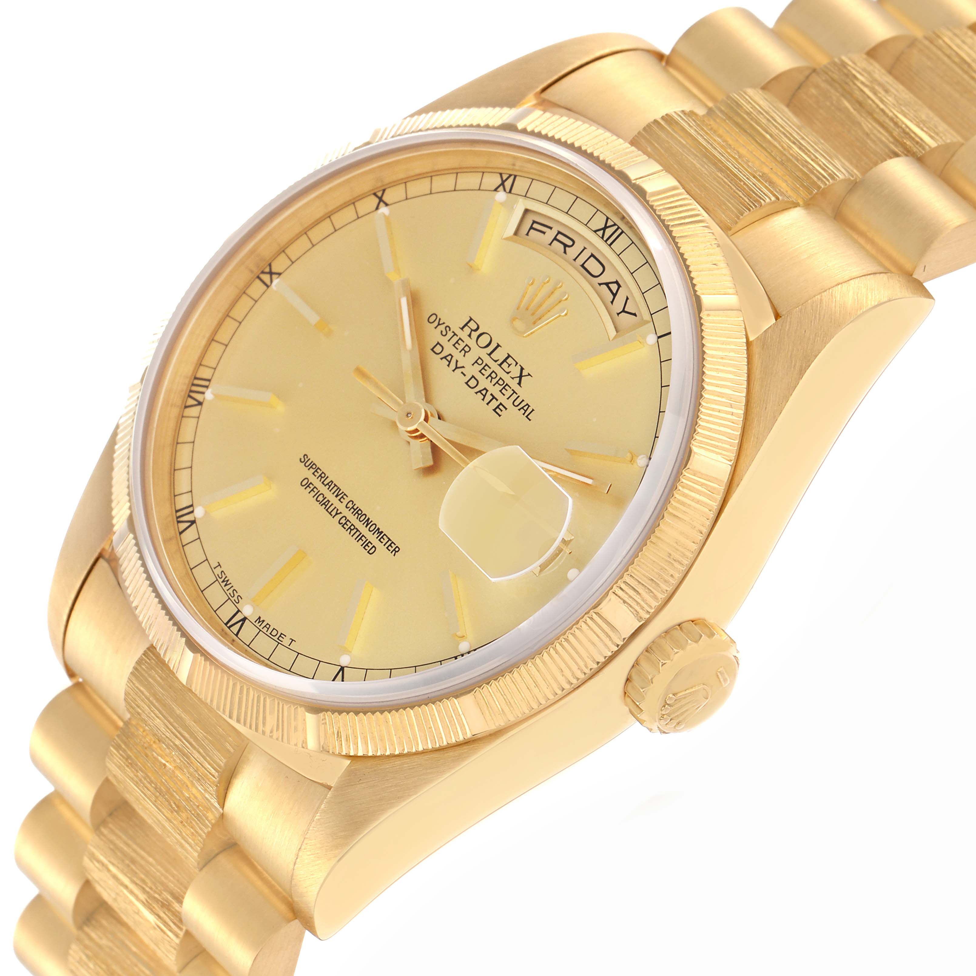 The image shows a Rolex President 18248 Men's Yellow Gold Champagne Dial 18248 Men's Yellow Gold Champagne Dial model watch at a slight angle, displaying its face, bezel, crown, and part of the bracelet.