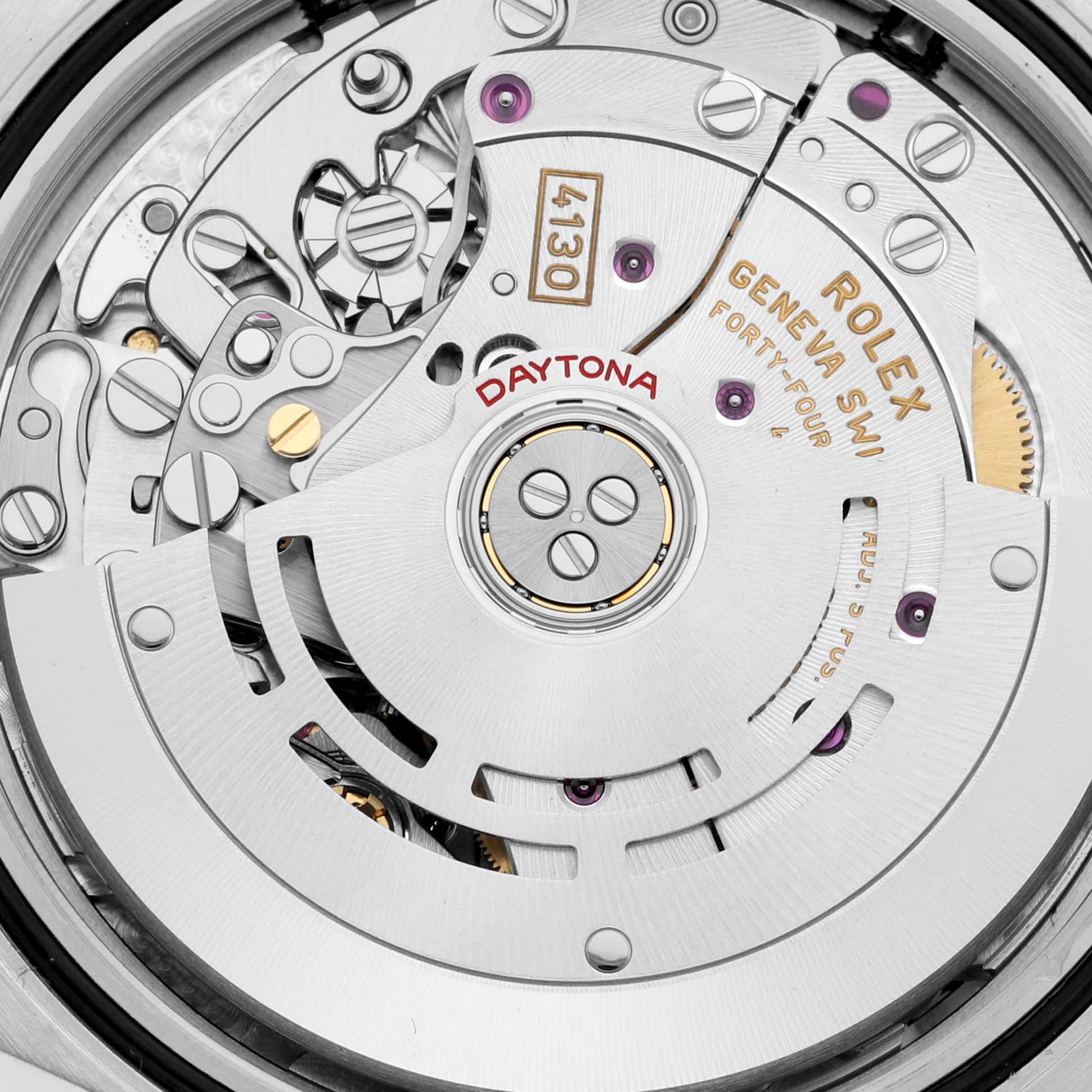 This image shows a close-up view of the movement mechanism inside a Rolex Daytona 116503 Men's Steel and Gold (two tone) Black Dial 116503 Men's Steel and Gold (two tone) Black Dial watch.