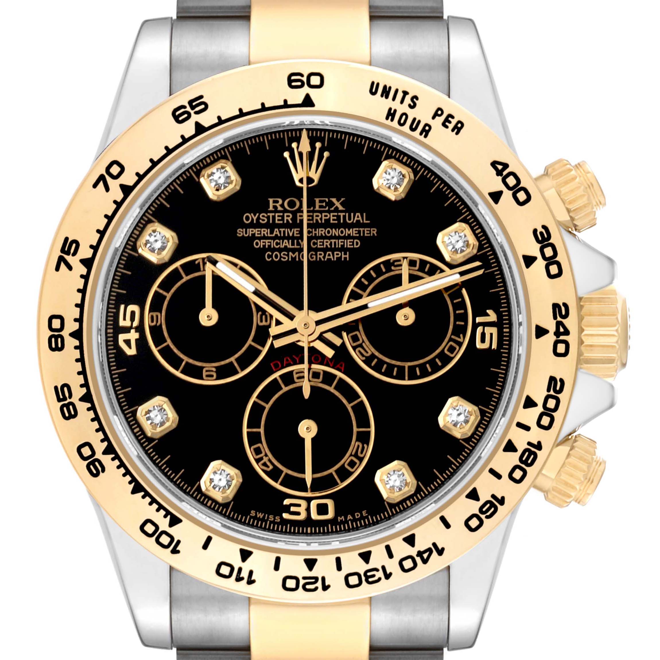 This image shows a front view of a Rolex Daytona 116503 Men's Steel and Gold (two tone) Black Dial 116503 Men's Steel and Gold (two tone) Black Dial watch, showcasing its dial, bezel, and crown.