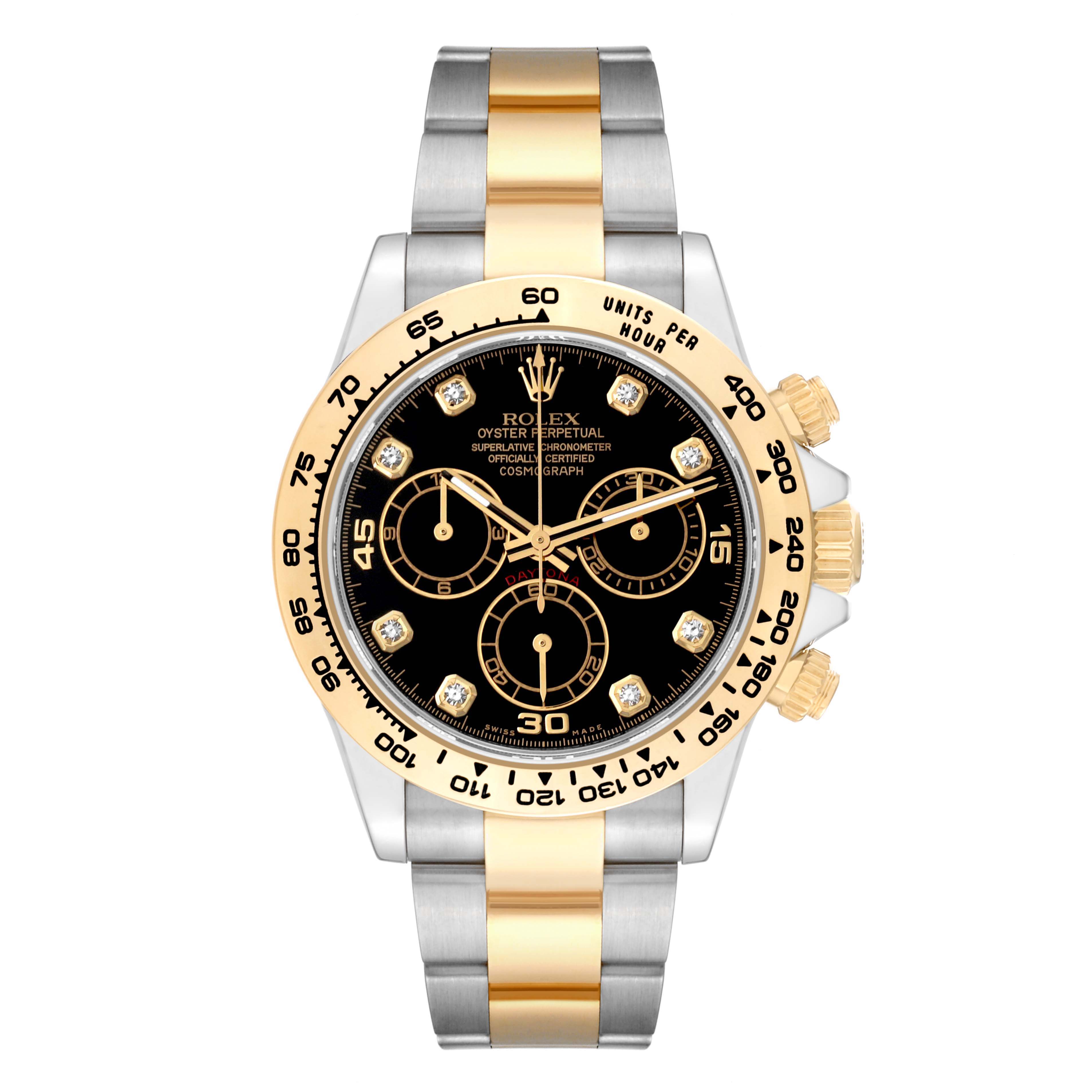 This Rolex Daytona 116503 Men's Steel and Gold (two tone) Black Dial 116503 Men's Steel and Gold (two tone) Black Dial watch is shown from a front angle, highlighting the black dial, gold bezel, and two-tone bracelet.