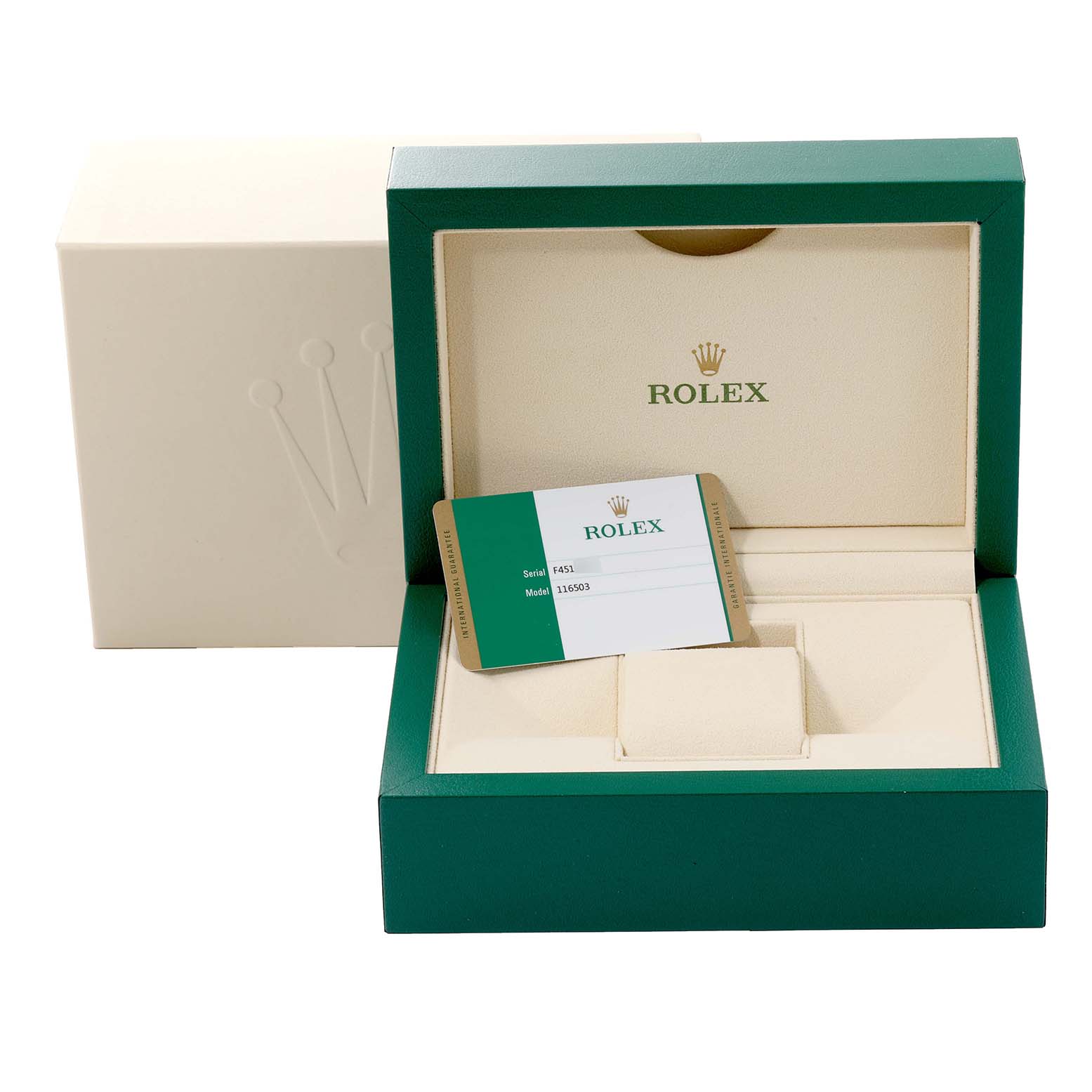 The image shows the packaging box and warranty card for a Rolex Daytona 116503 Men's Steel and Gold (two tone) Black Dial 116503 Men's Steel and Gold (two tone) Black Dial model watch.