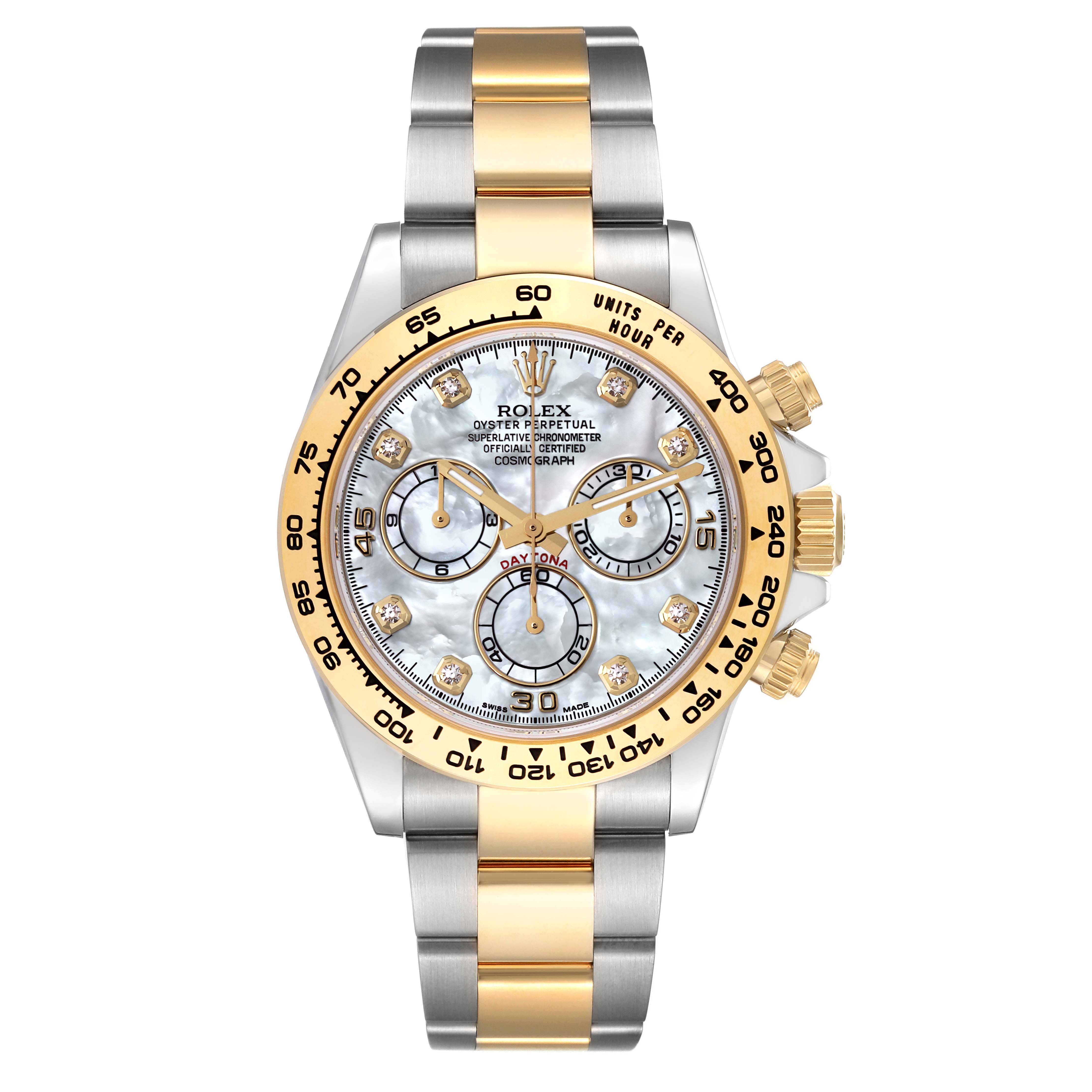 The image shows a front view of the Rolex Daytona 116503 Men's Steel and Gold (two tone) Mother of Pearl Dial 116503 Men's Steel and Gold (two tone) Mother of Pearl Dial watch, featuring a two-tone gold and silver bracelet with a mother-of-pearl dial.
