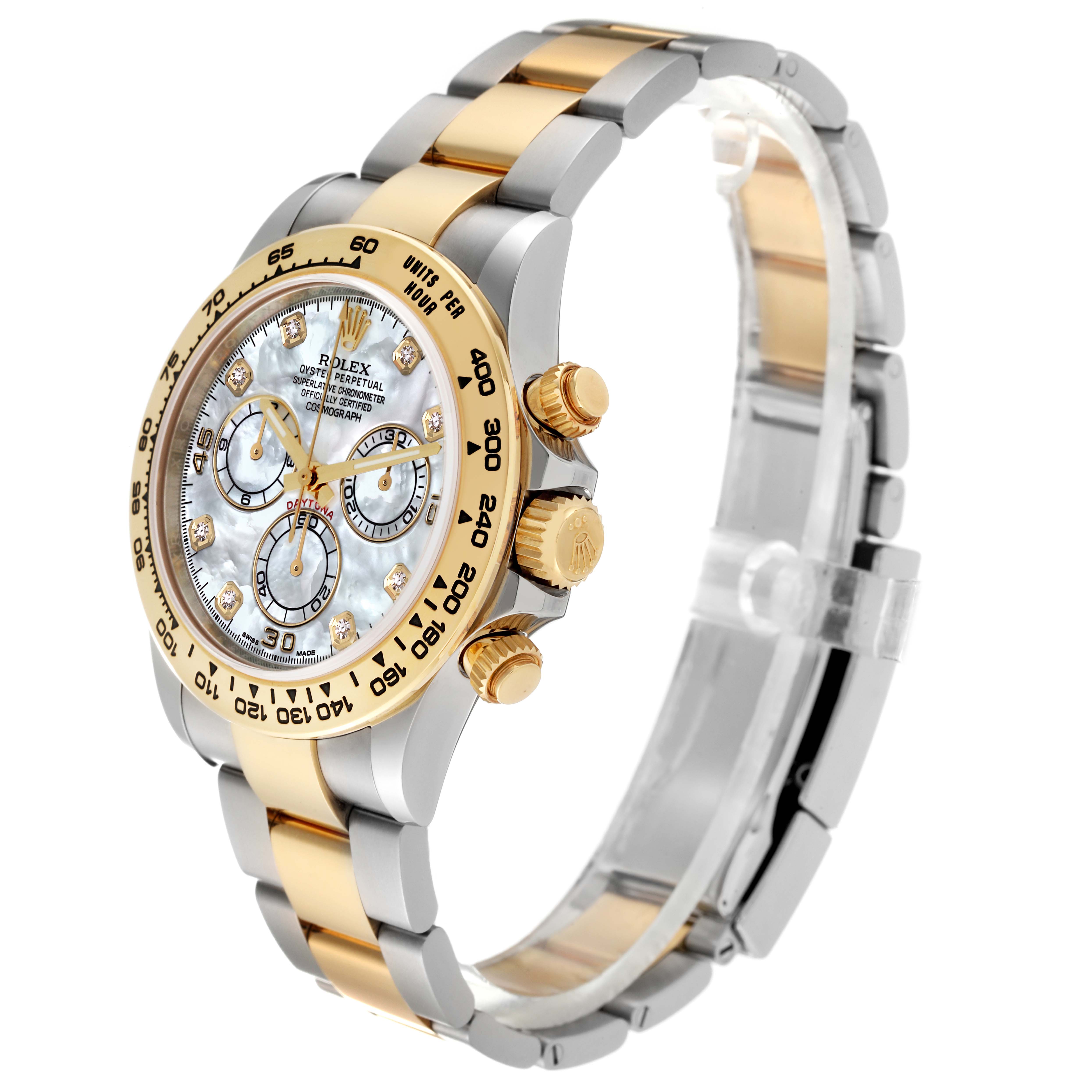 The Rolex Daytona 116503 Men's Steel and Gold (two tone) Mother of Pearl Dial 116503 Men's Steel and Gold (two tone) Mother of Pearl Dial watch is shown at a side angle, highlighting the bezel, dial, crown, and bracelet.