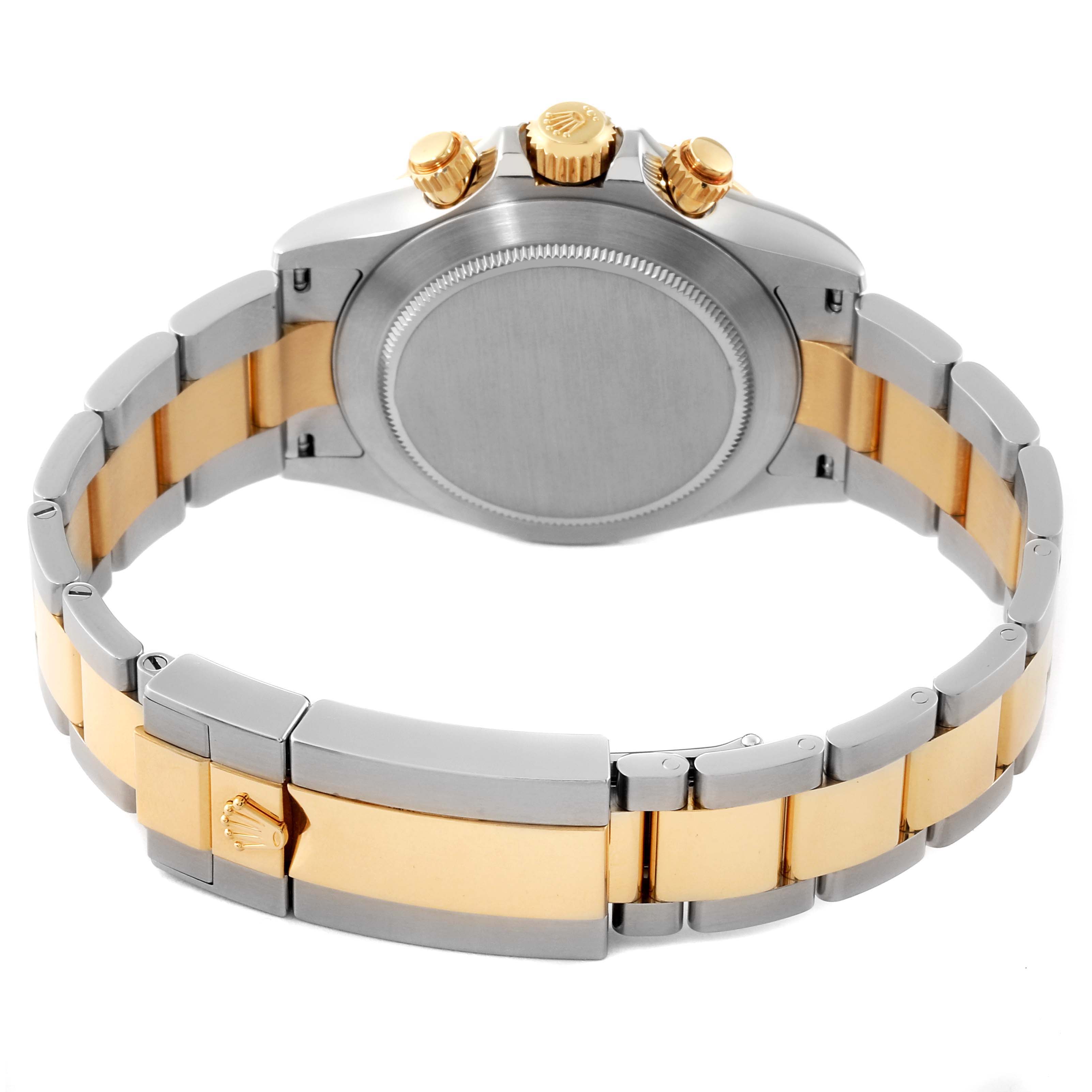 The Rolex Daytona 116503 Men's Steel and Gold (two tone) Mother of Pearl Dial 116503 Men's Steel and Gold (two tone) Mother of Pearl Dial watch is shown from the back, highlighting its two-tone bracelet and clasp, as well as the crown and pusher buttons.