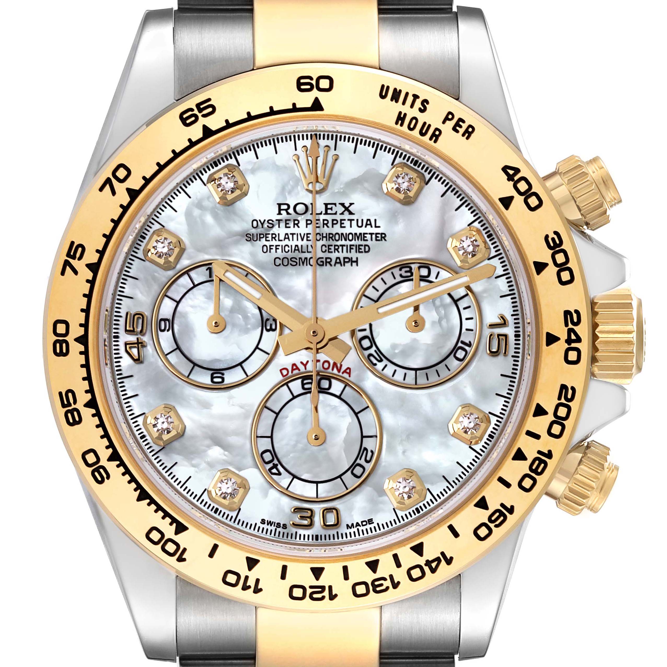 This image shows a close-up of the Rolex Daytona 116503 Men's Steel and Gold (two tone) Mother of Pearl Dial 116503 Men's Steel and Gold (two tone) Mother of Pearl Dial watch face, highlighting the dial, chronograph, and bezel details.