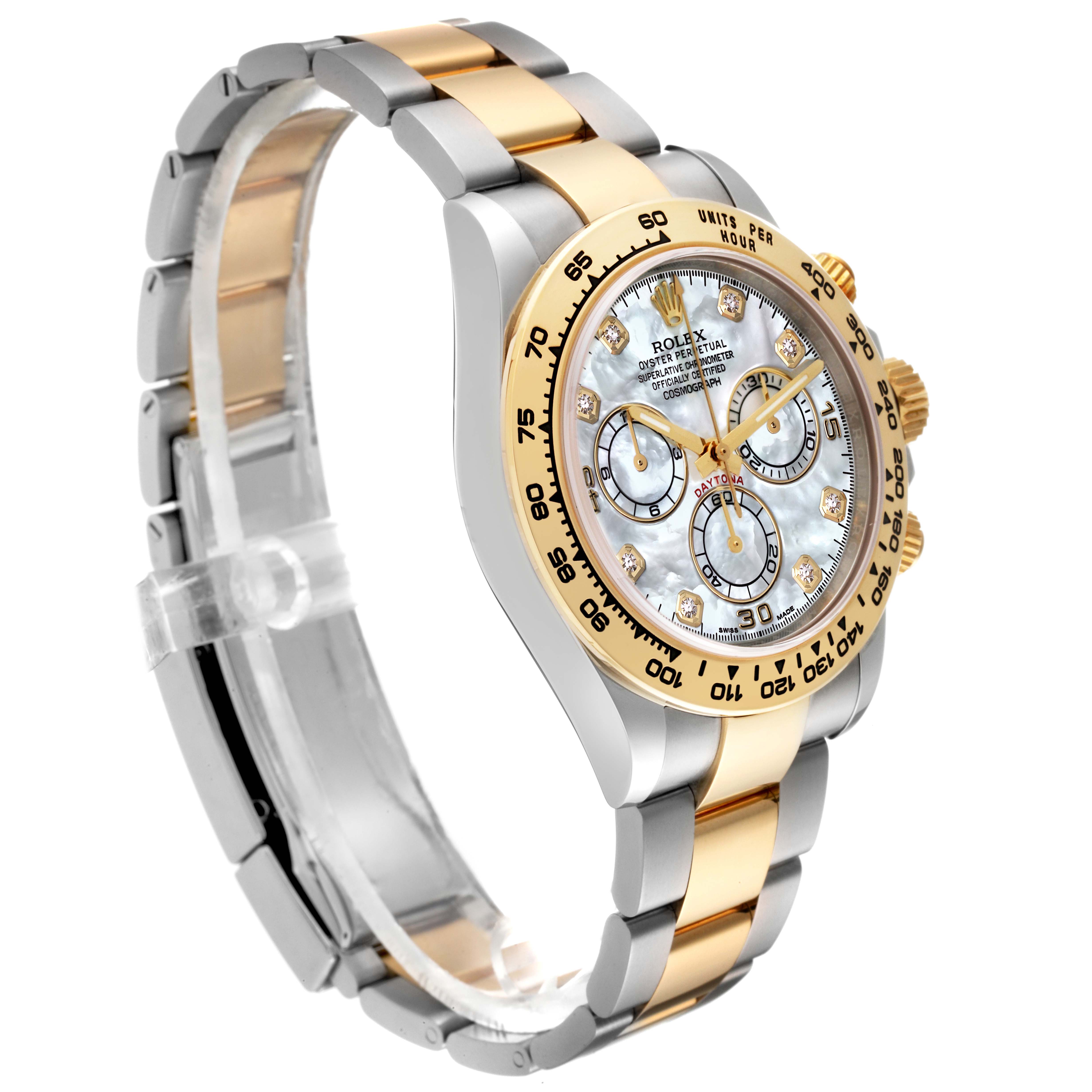 This image shows a side angle of the Rolex Daytona 116503 Men's Steel and Gold (two tone) Mother of Pearl Dial 116503 Men's Steel and Gold (two tone) Mother of Pearl Dial watch, highlighting its gold and silver bracelet, bezel, and chronograph dials.