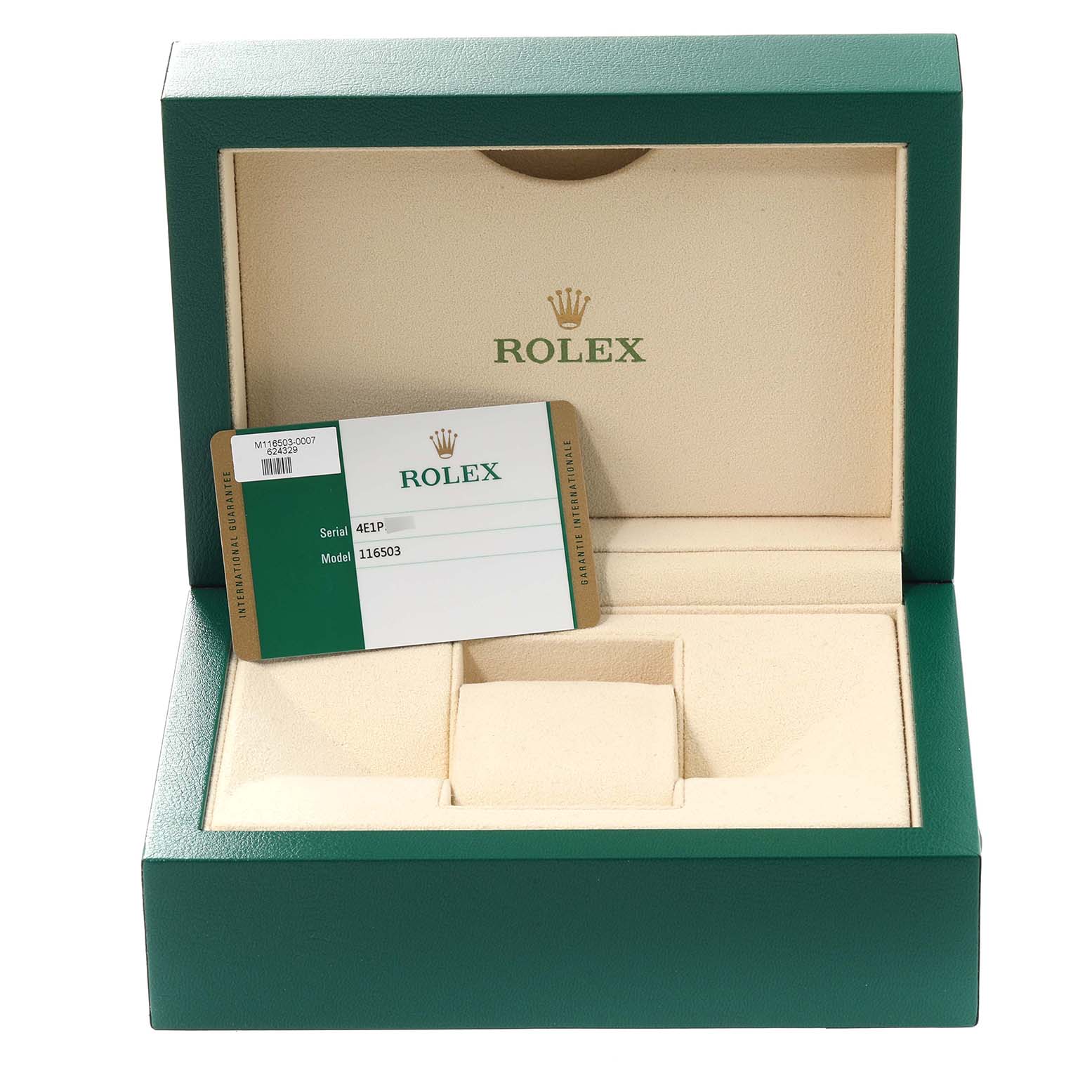 The image shows an open green Rolex box for the Daytona model, with a warranty card placed inside the lid.